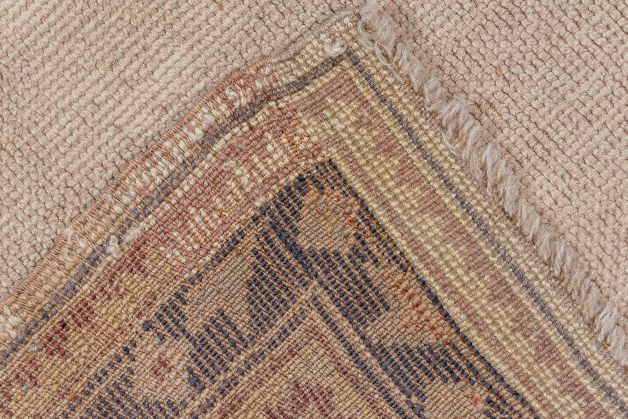 6' x 15' one-of-a-kind handmade antique Oushak rug. Color palette: beige, taupe, ivory, lavender, camel, gray, light gray