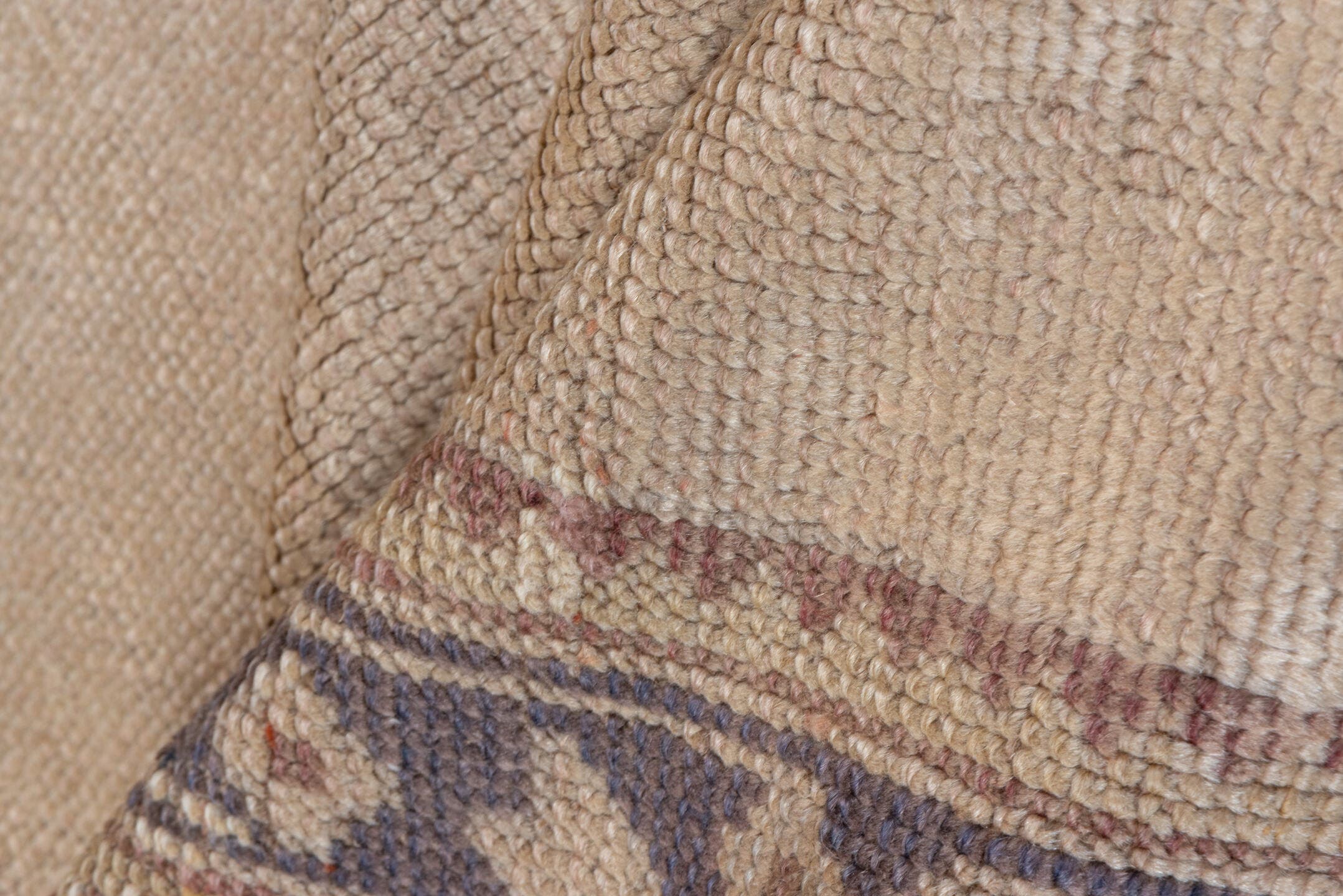 6' x 15' one-of-a-kind handmade antique Oushak rug. Color palette: beige, taupe, ivory, lavender, camel, gray, light gray