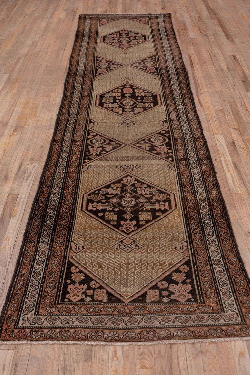 3' x 10' one-of-a-kind handmade vintage Kilim runner rug. Color palette: camel, brown, ivory, rust, taupe, charcoal, beige