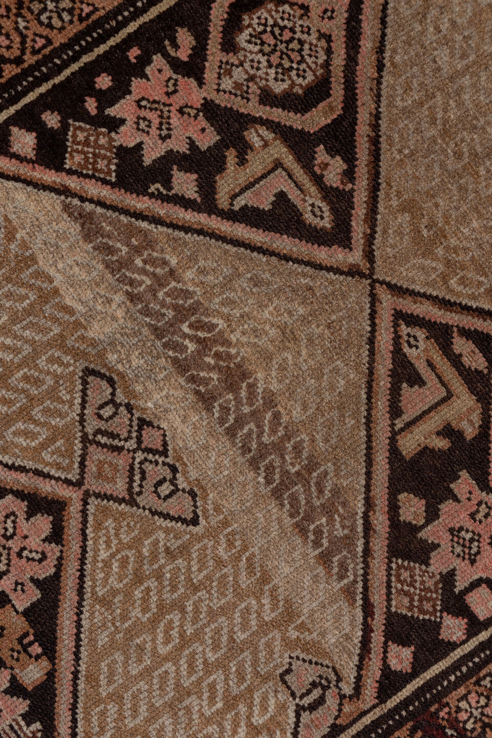 3' x 10' one-of-a-kind handmade vintage Kilim runner rug. Color palette: camel, brown, ivory, rust, taupe, charcoal, beige