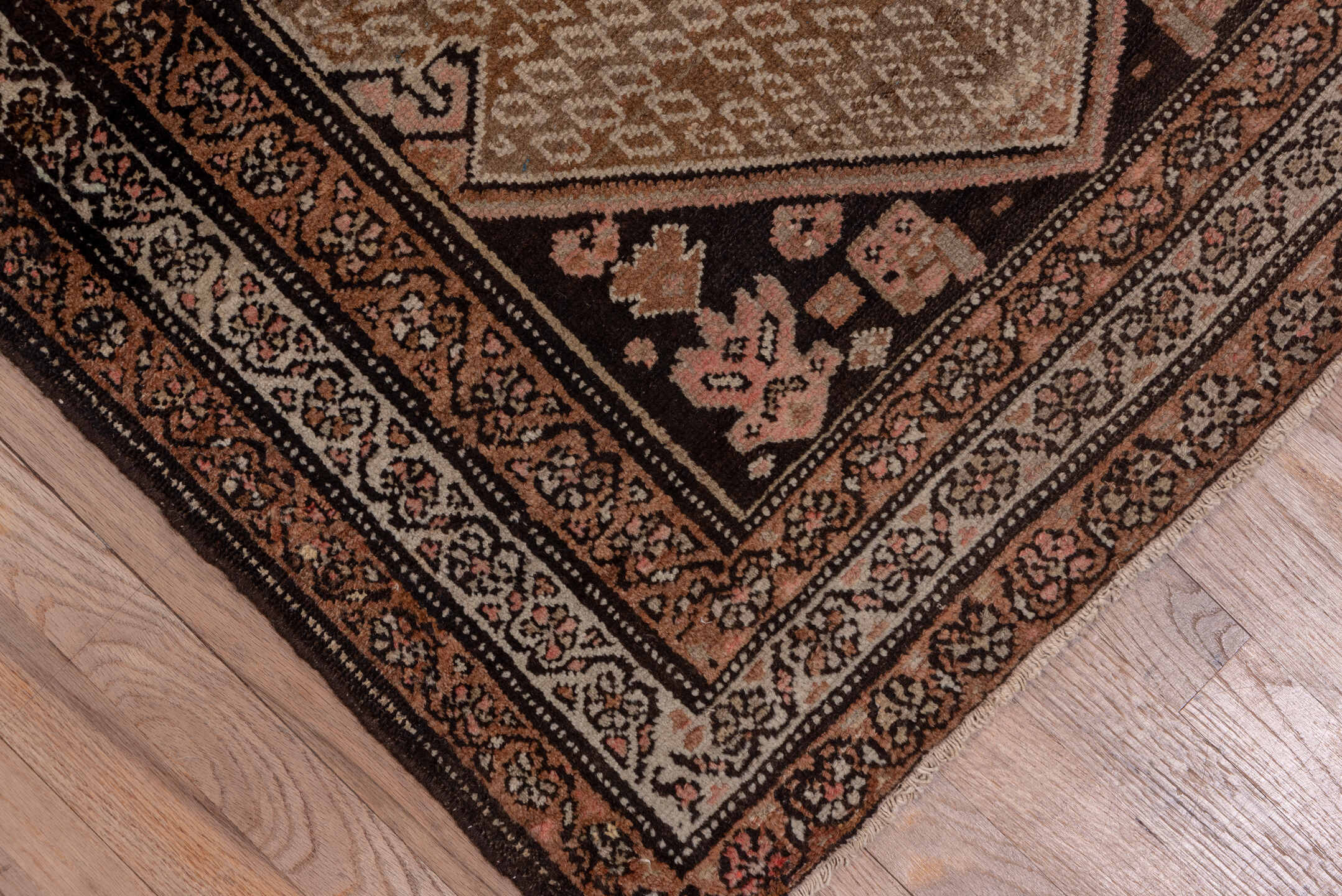 3' x 10' one-of-a-kind handmade vintage Kilim runner rug. Color palette: camel, brown, ivory, rust, taupe, charcoal, beige