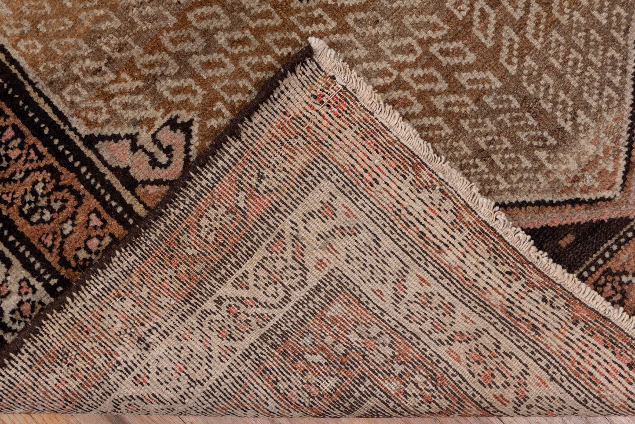 3' x 10' one-of-a-kind handmade vintage Kilim runner rug. Color palette: camel, brown, ivory, rust, taupe, charcoal, beige