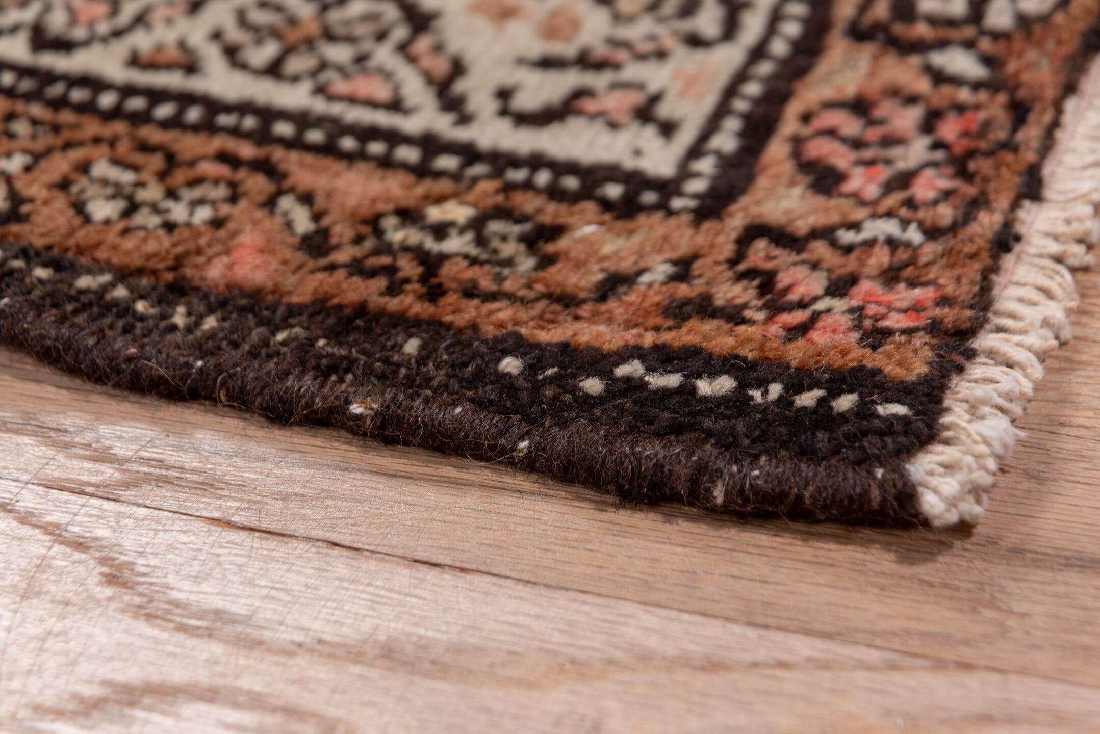 3' x 10' one-of-a-kind handmade vintage Kilim runner rug. Color palette: camel, brown, ivory, rust, taupe, charcoal, beige