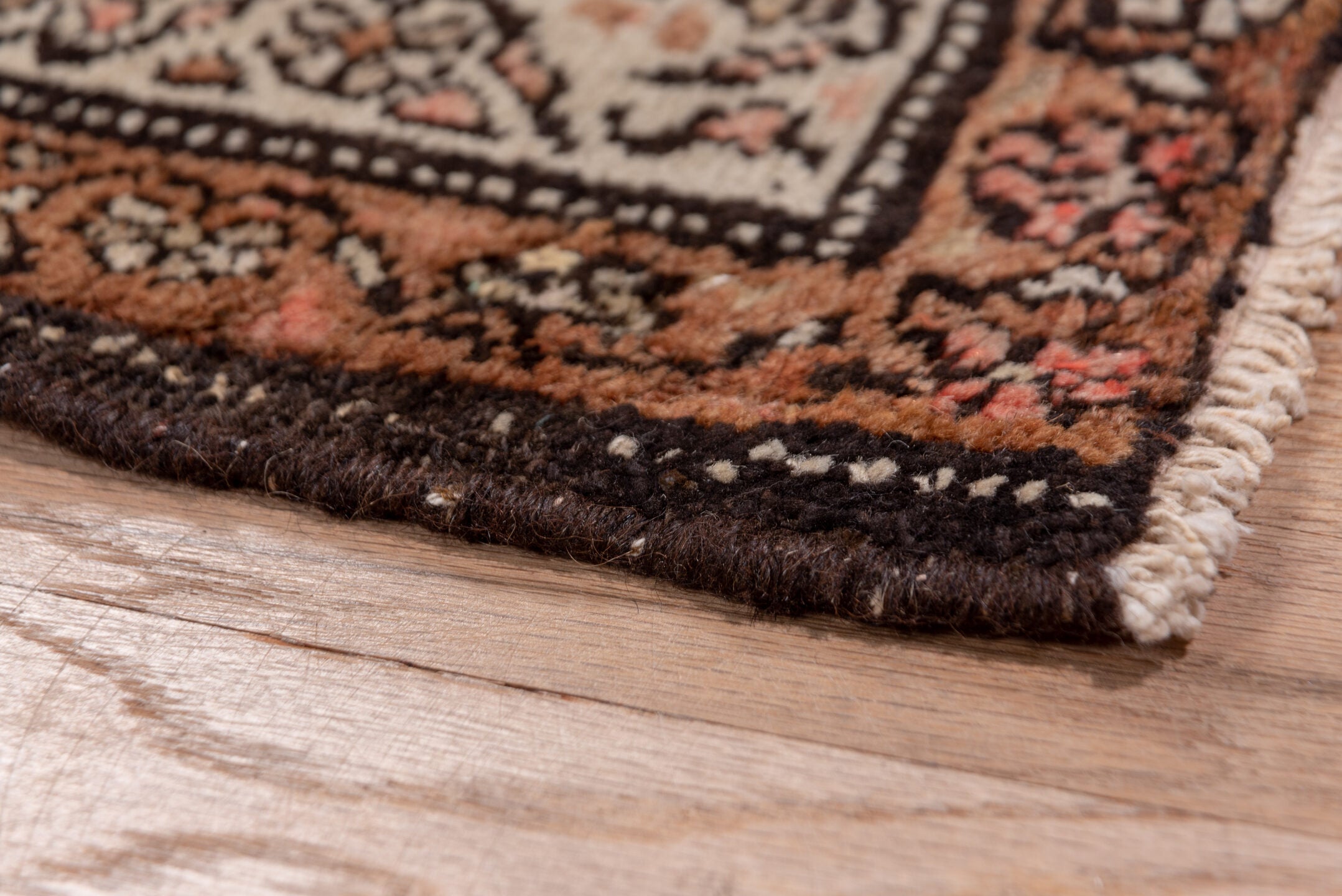 3' x 12' one-of-a-kind handmade vintage Kilim runner rug. Color palette: black, brown, gray, pink, red, redwood