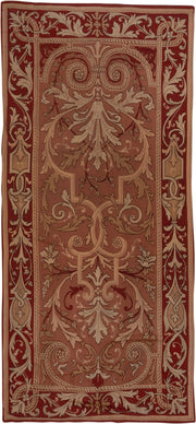 5' x 10' one-of-a-kind handmade antique Aubusson runner rug. Color palette: rose, ivory, burgundy, terra cotta, taupe, camel