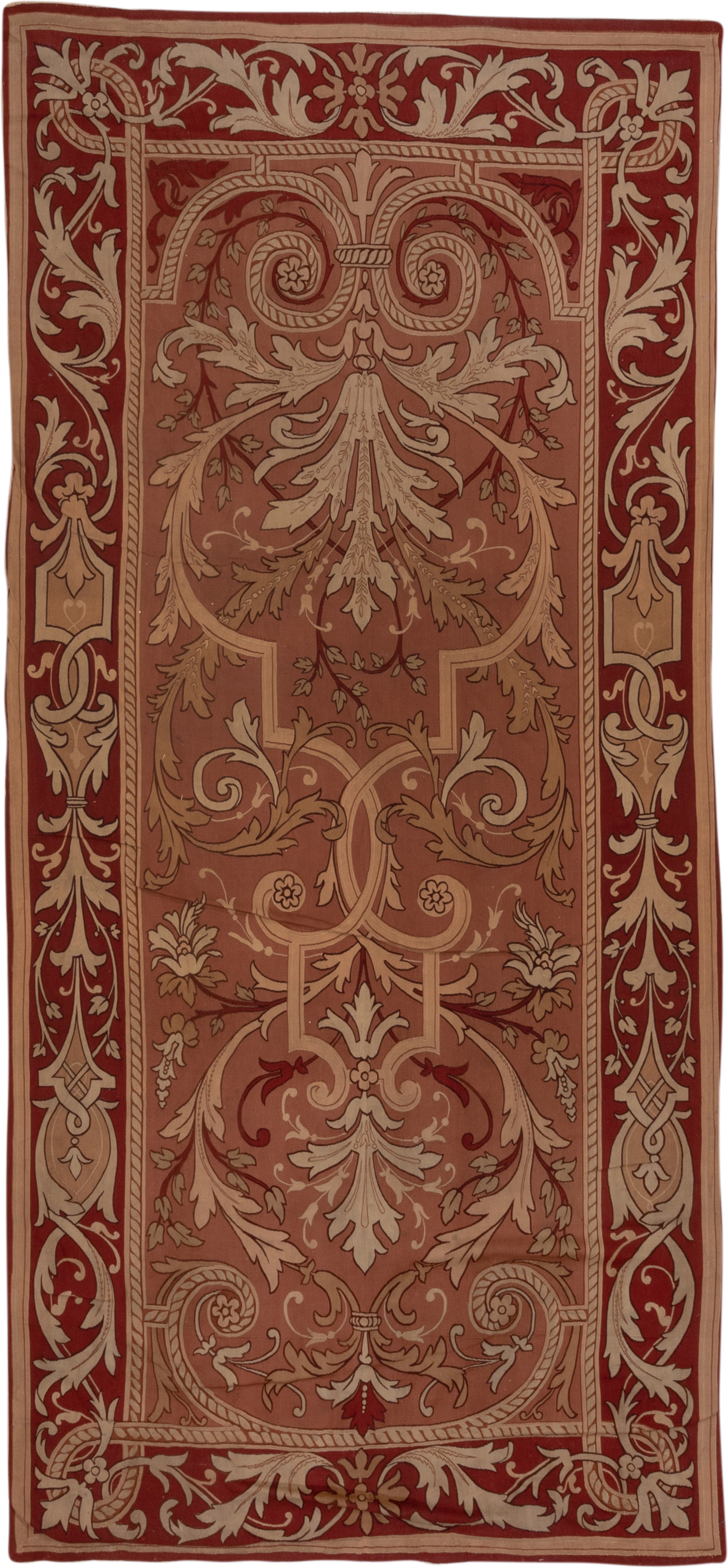 5' x 10' one-of-a-kind handmade antique Aubusson runner rug. Color palette: rose, ivory, burgundy, terra cotta, taupe, camel