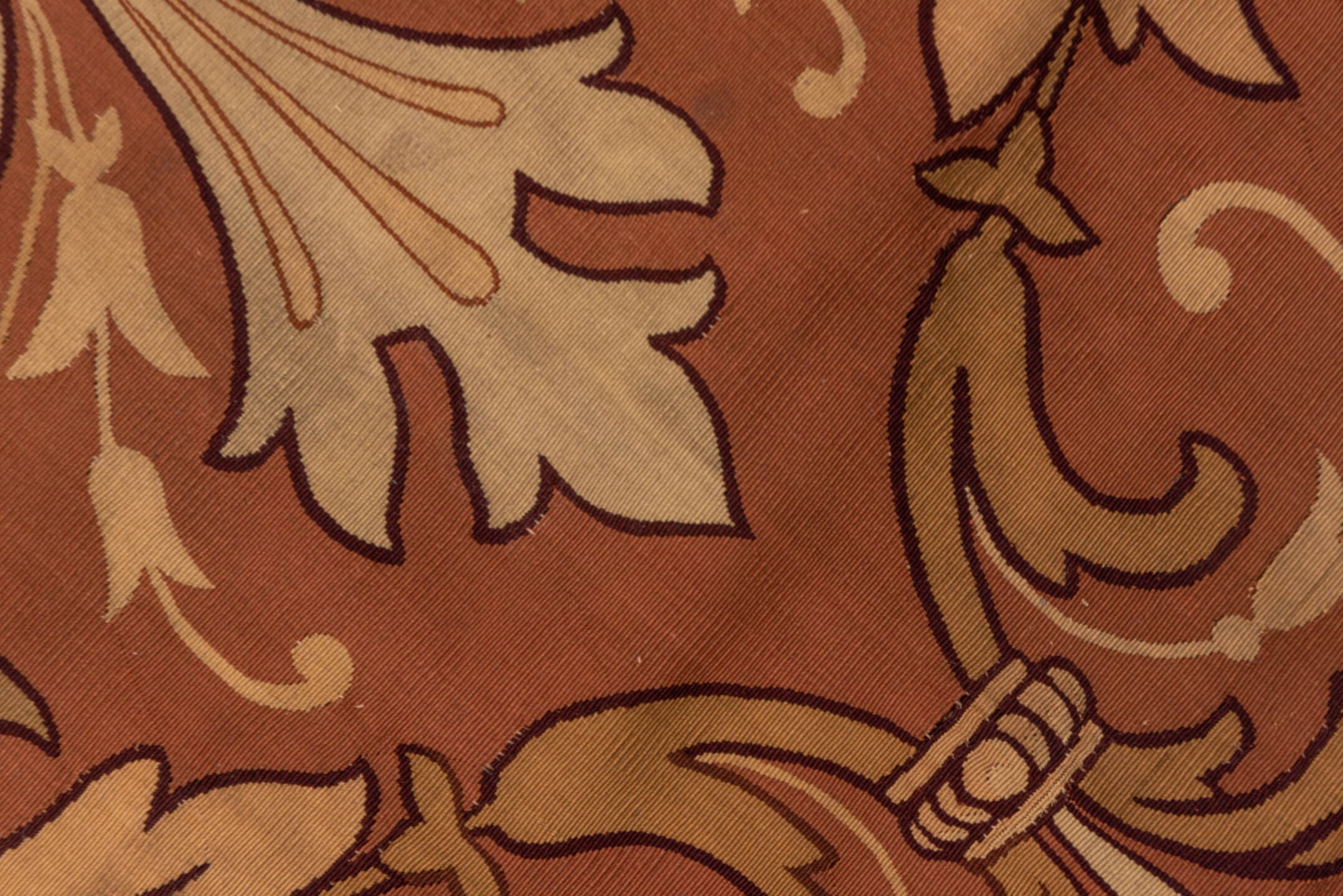 5' x 10' one-of-a-kind handmade antique Aubusson runner rug. Color palette: rose, terra cotta, ivory, burgundy, taupe, camel