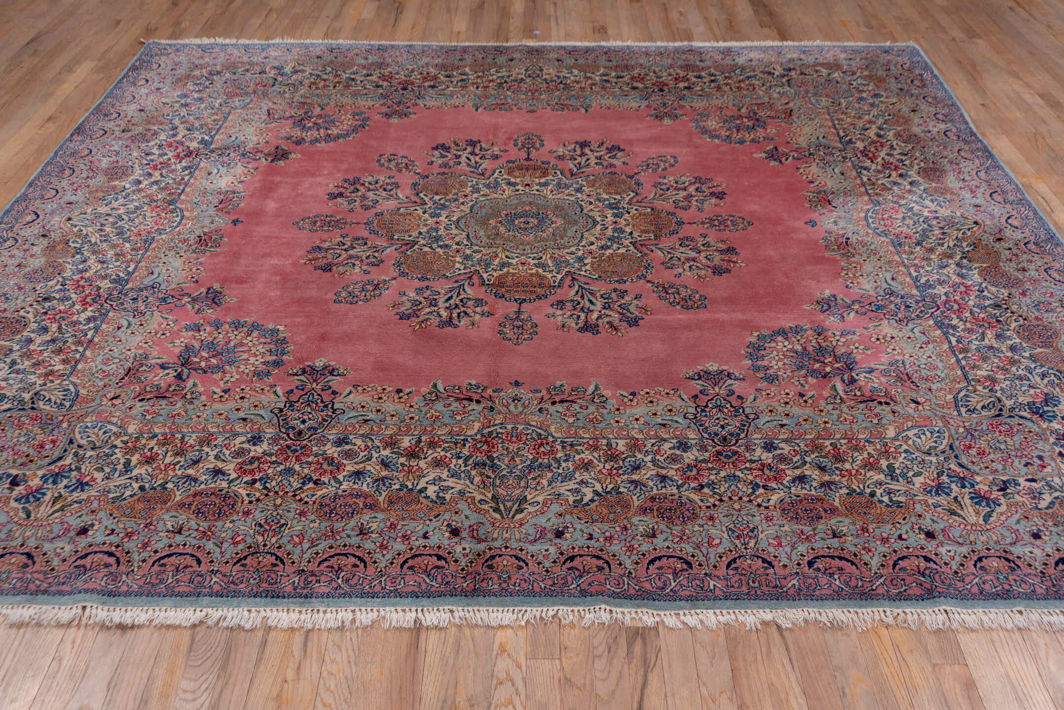 9' x 10' one-of-a-kind handmade antique Kerman large size rug. Color palette: rose, ivory, powder blue, navy, dusty pink