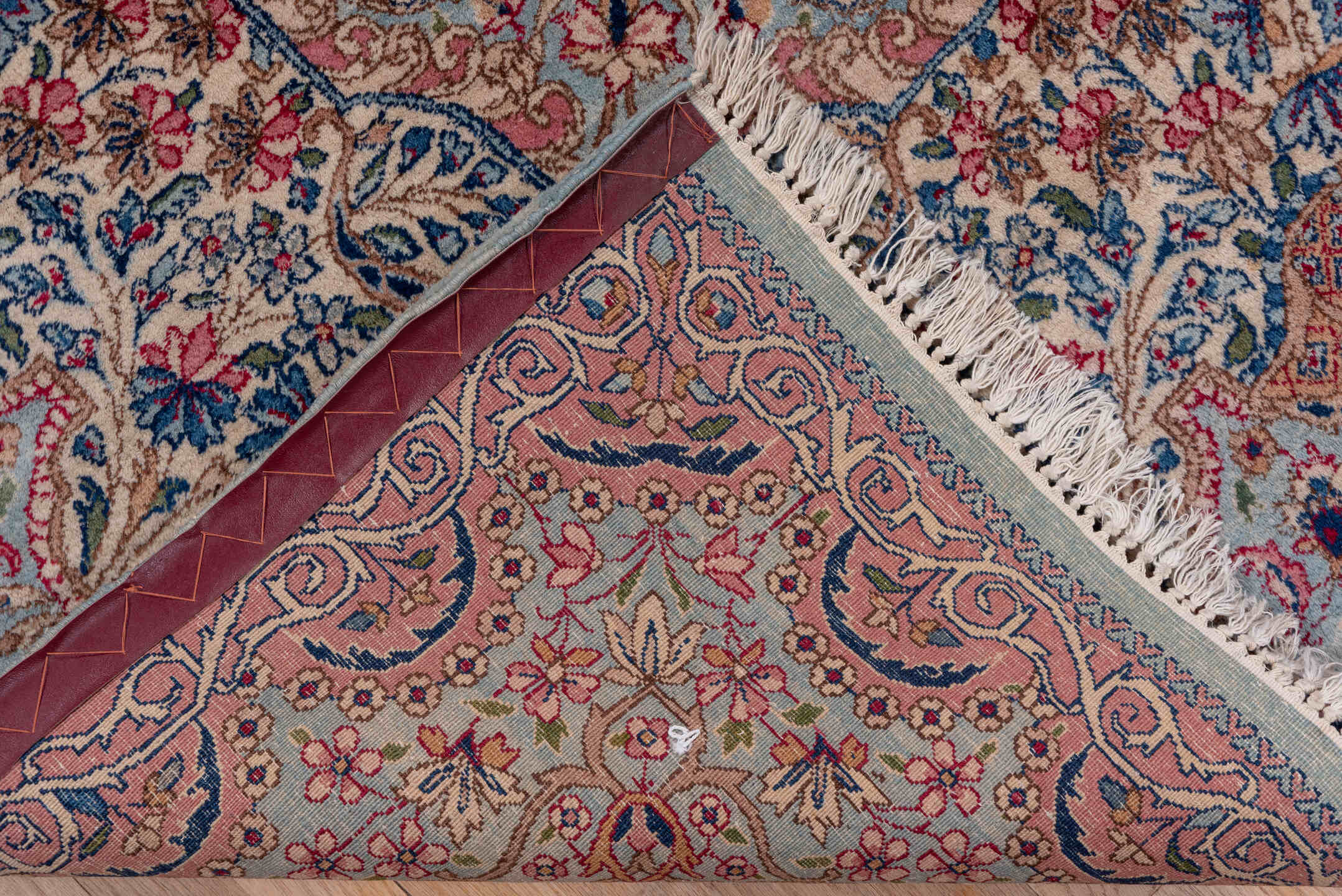 9' x 10' one-of-a-kind handmade antique Kerman large size rug. Color palette: rose, ivory, powder blue, navy, dusty pink