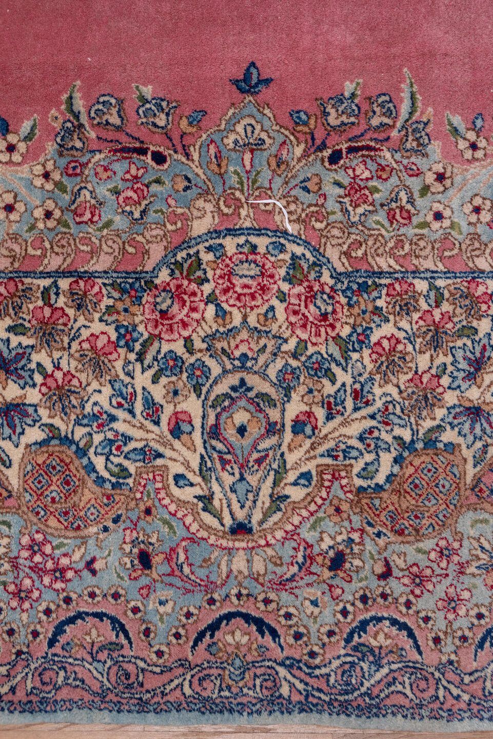 9' x 10' one-of-a-kind handmade antique Kerman large size rug. Color palette: rose, ivory, powder blue, navy, dusty pink