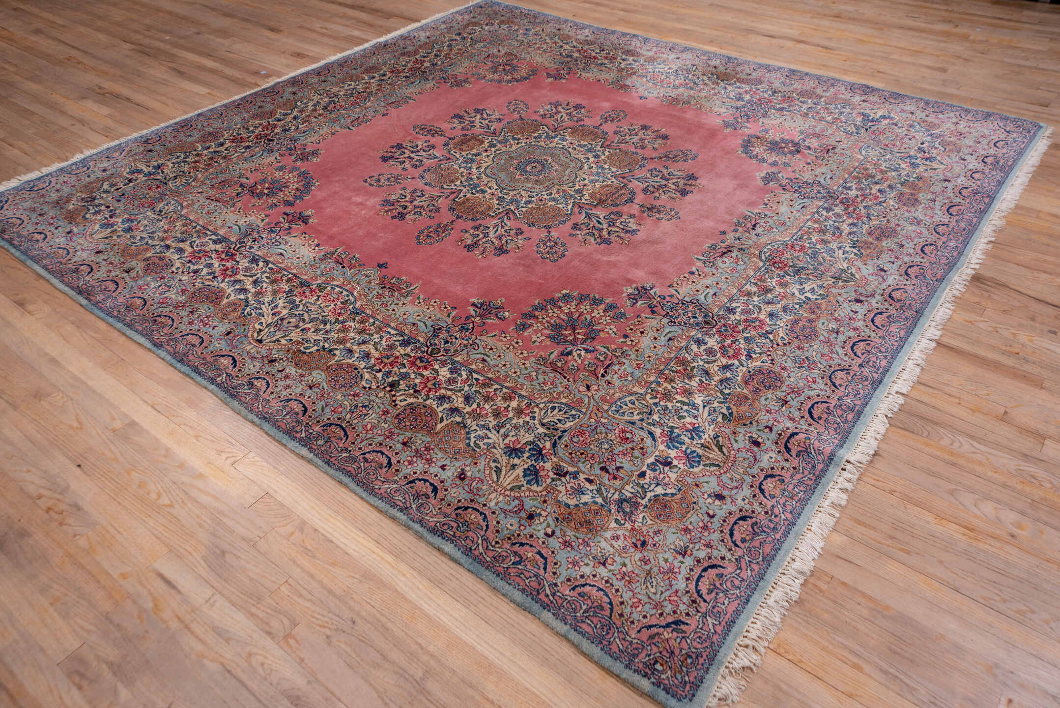 9' x 10' one-of-a-kind handmade antique Kerman large size rug. Color palette: rose, ivory, powder blue, navy, dusty pink