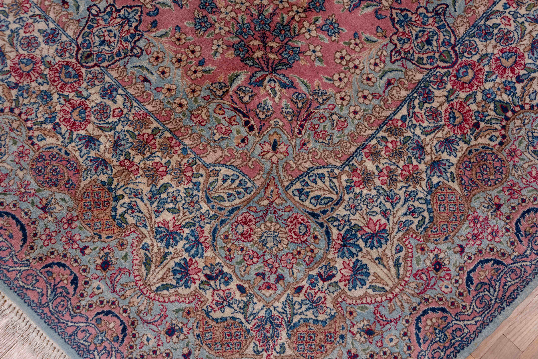 9' x 10' one-of-a-kind handmade antique Kerman large size rug. Color palette: rose, ivory, powder blue, navy, dusty pink