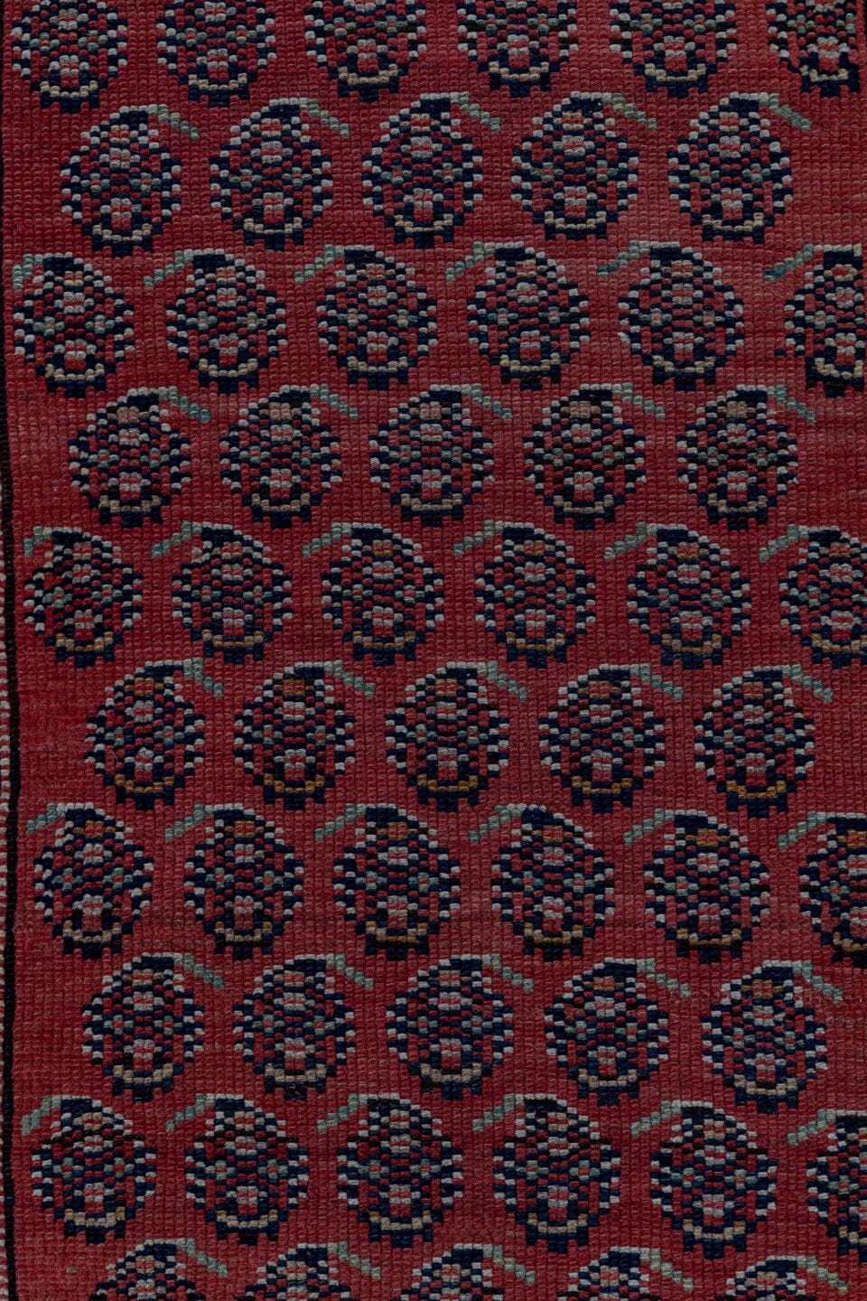 2' x 14' one-of-a-kind handmade antique Saraband runner rug. Color palette: rust, navy, ivory, camel, burgundy, charcoal