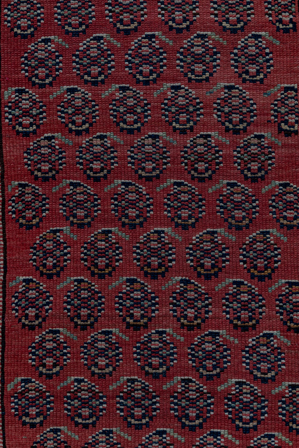 2' x 14' one-of-a-kind handmade vintage Saraband runner rug. Color palette: black, brown, off-white, pink, red, snow, white