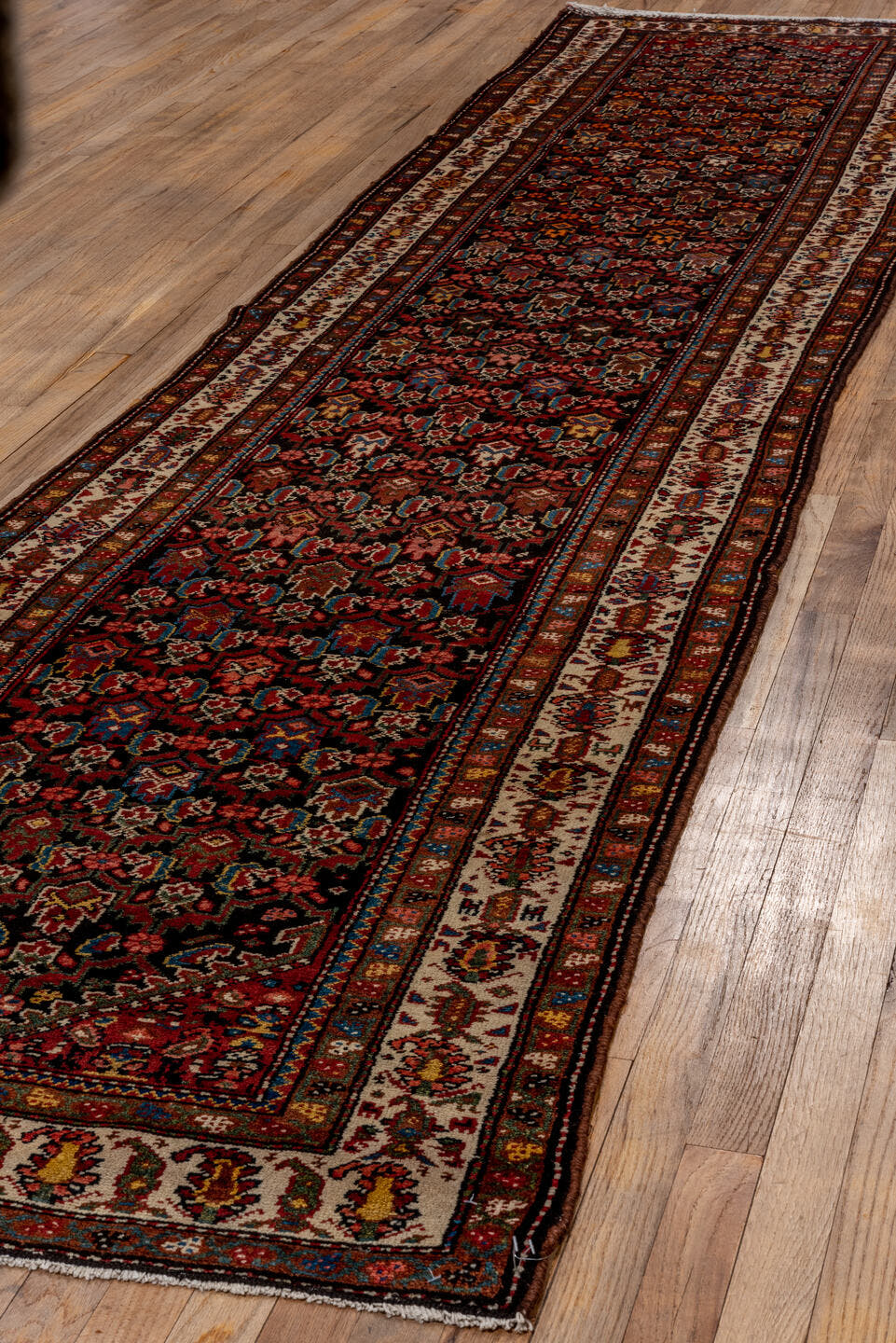 3' x 13' one-of-a-kind handmade antique Malayer runner rug. Color palette: navy, ivory, rust, rose, camel, sky_blue