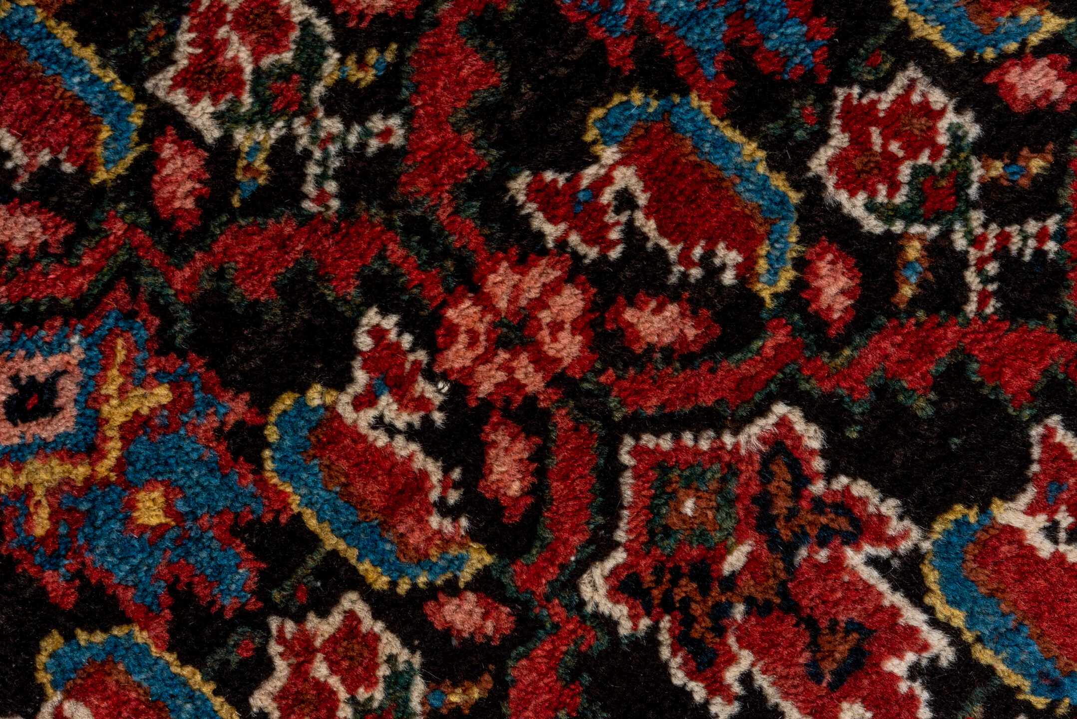 3' x 13' one-of-a-kind handmade vintage Malayer runner rug. Color palette: black, blue, brown, gray, pink, red