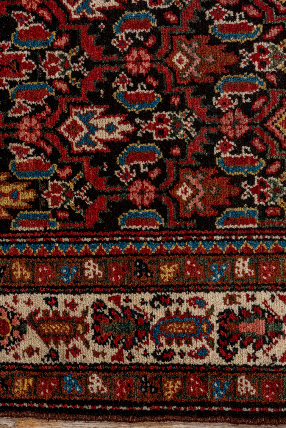 3' x 13' one-of-a-kind handmade antique Malayer runner rug. Color palette: navy, ivory, rust, rose, camel, sky_blue