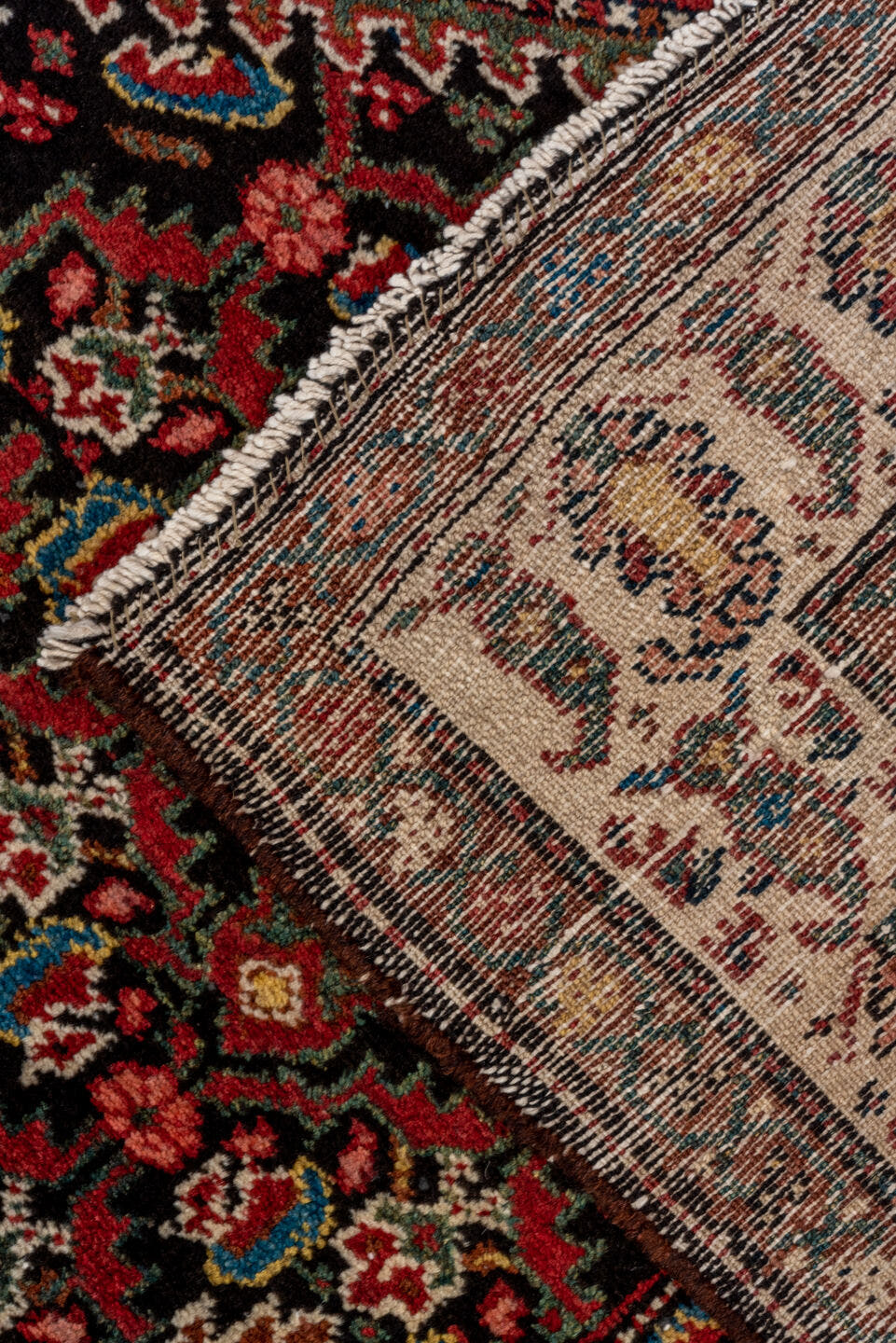 3' x 13' one-of-a-kind handmade antique Malayer runner rug. Color palette: navy, ivory, rust, rose, camel, sky_blue