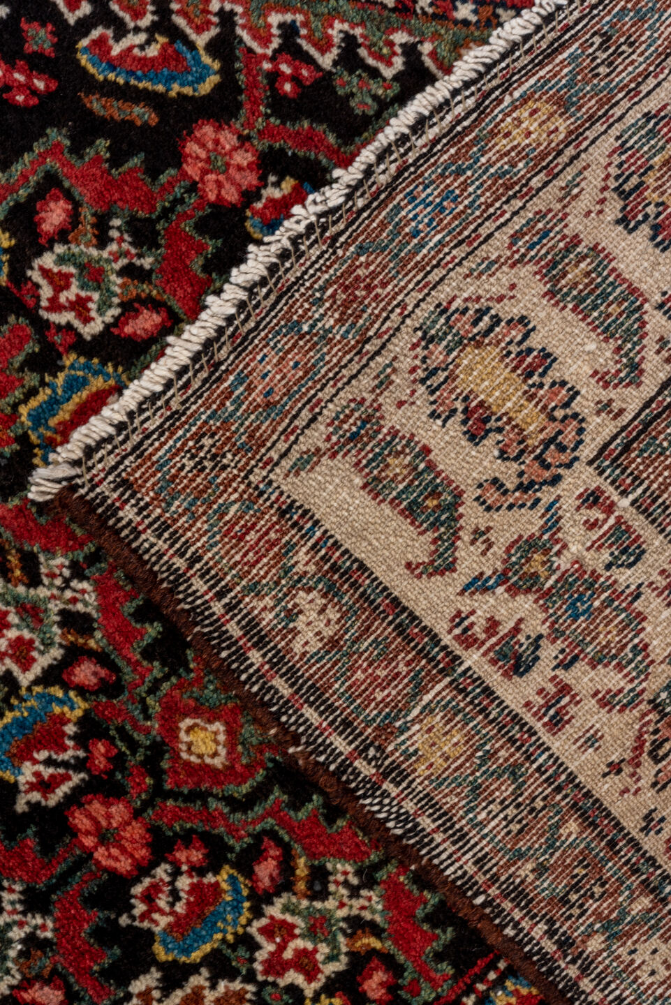 3' x 13' one-of-a-kind handmade vintage Malayer runner rug. Color palette: black, blue, brown, gray, pink, red