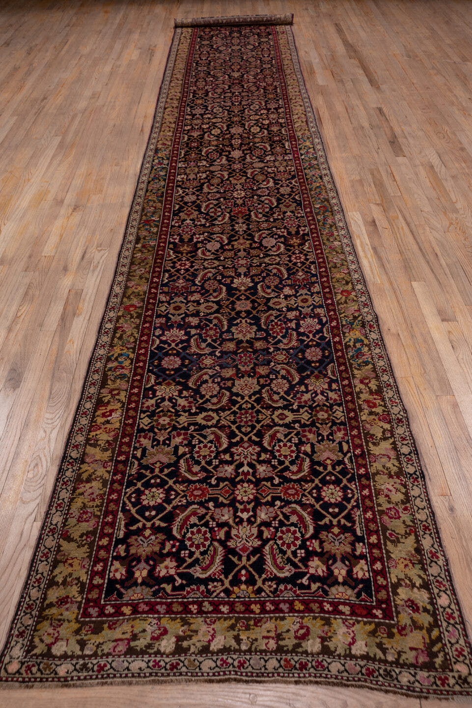 3' x 18' one-of-a-kind handmade antique Karabagh runner rug. Color palette: navy, ivory, burgundy, rose, gold, rust, sage