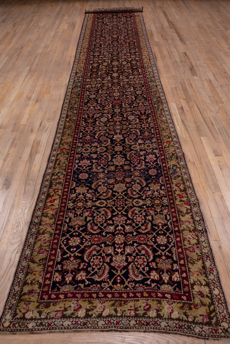 3' x 18' one-of-a-kind handmade antique Karabagh runner rug. Color palette: navy, ivory, burgundy, rose, gold, rust, sage