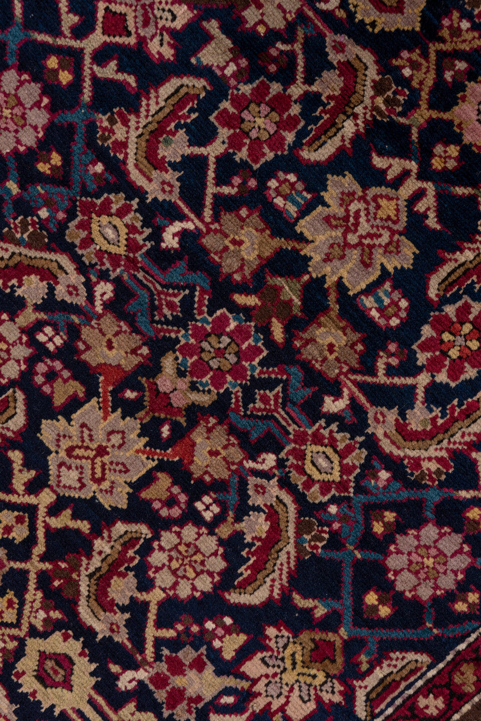 3' x 18' one-of-a-kind handmade antique Karabagh runner rug. Color palette: navy, ivory, burgundy, rose, gold, rust, sage