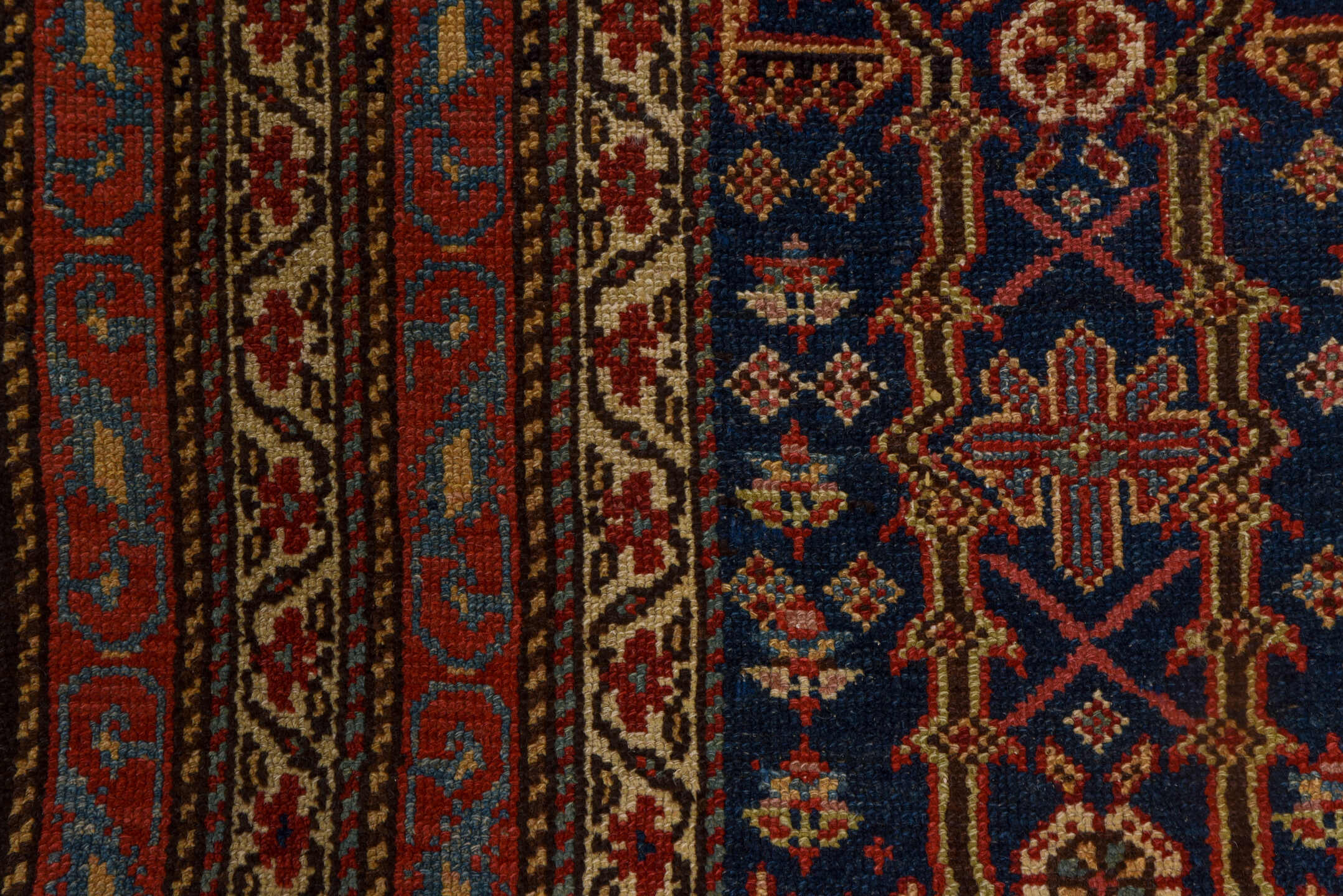 2' x 14' one-of-a-kind handmade antique Malayer runner rug. Color palette: navy, rust, ivory, brick, sky_blue, rose, camel