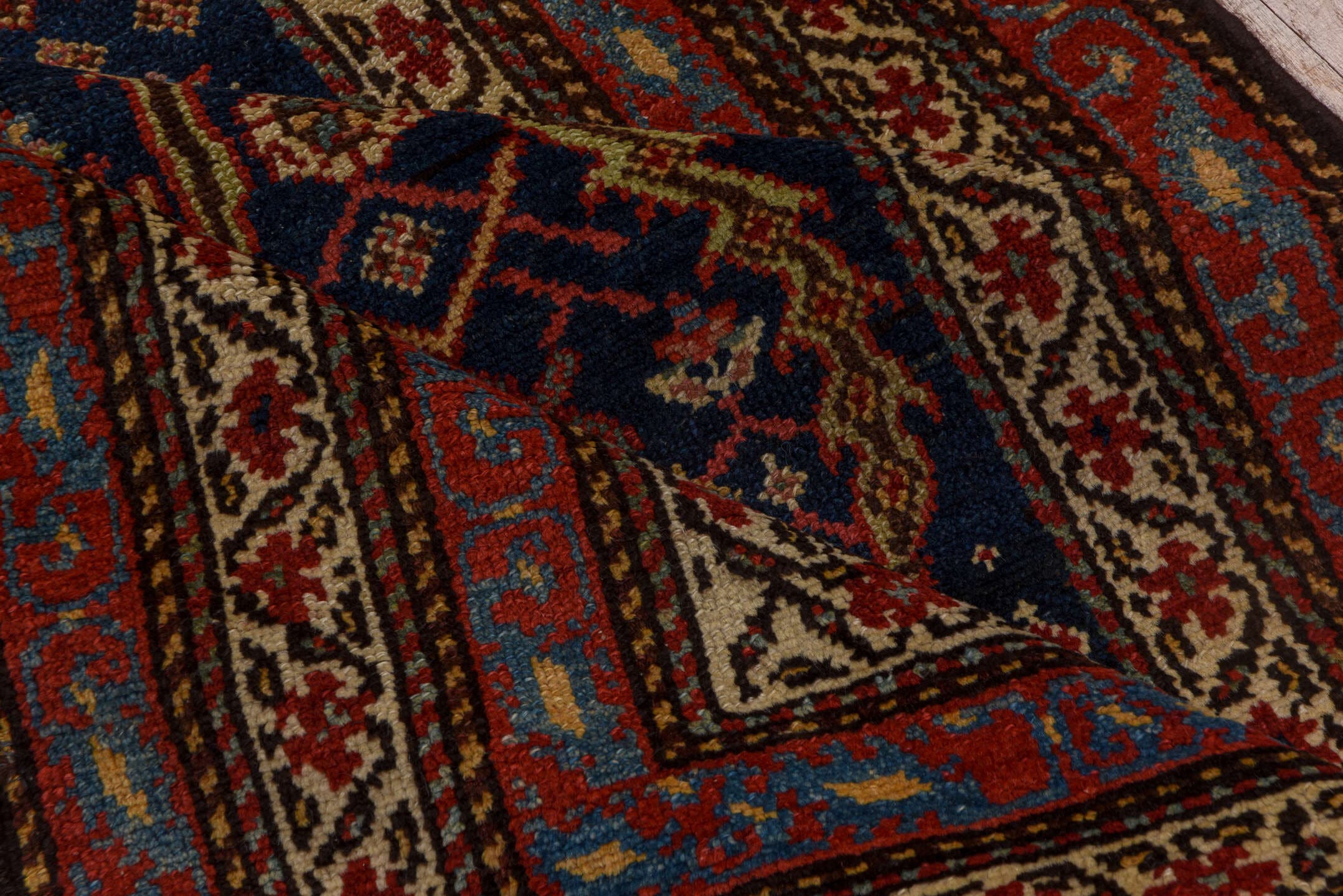 2' x 14' one-of-a-kind handmade antique Malayer runner rug. Color palette: navy, rust, ivory, brick, sky_blue, rose, camel