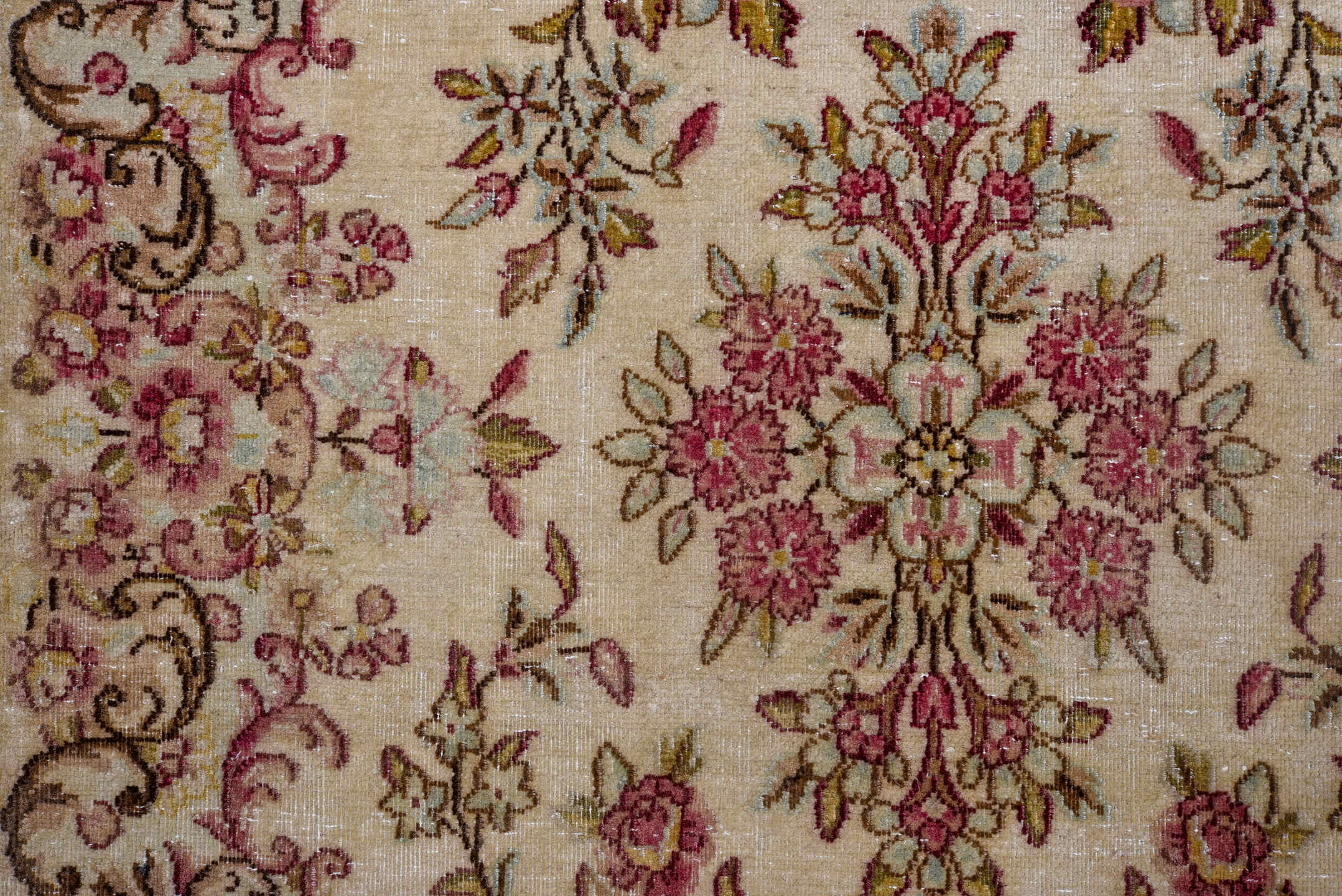 2' x 20' one-of-a-kind handmade antique Kerman runner rug. Color palette: ivory, rose, burgundy, brown, gold, taupe, pink
