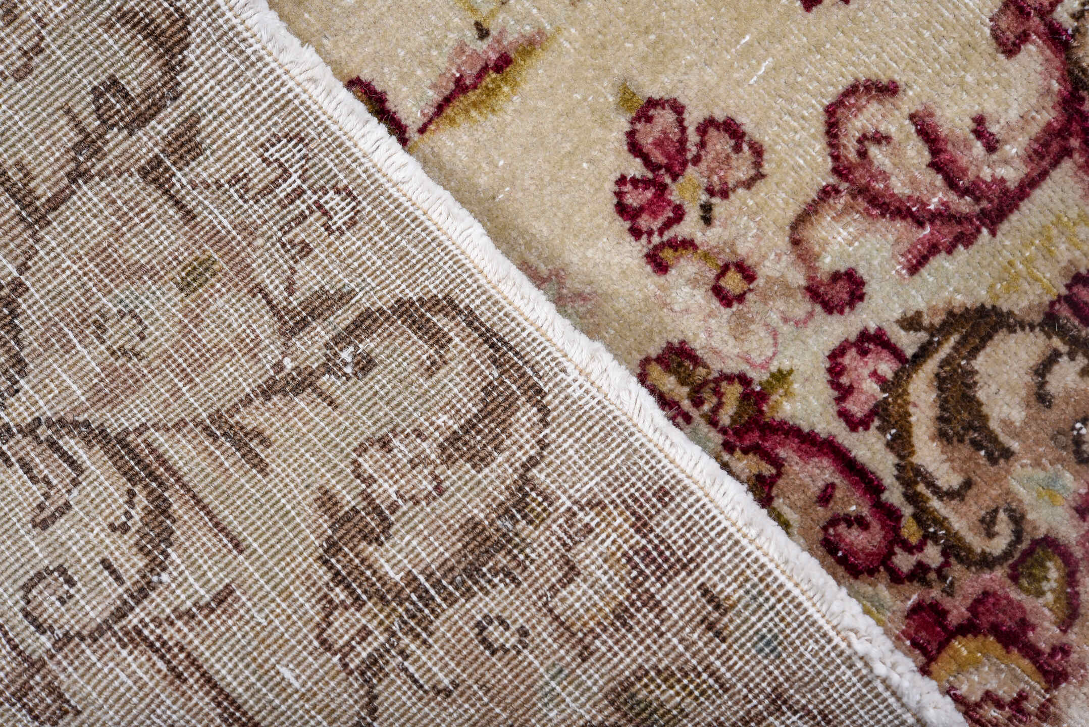 2' x 20' one-of-a-kind handmade antique Kerman runner rug. Color palette: ivory, rose, burgundy, brown, gold, taupe, pink