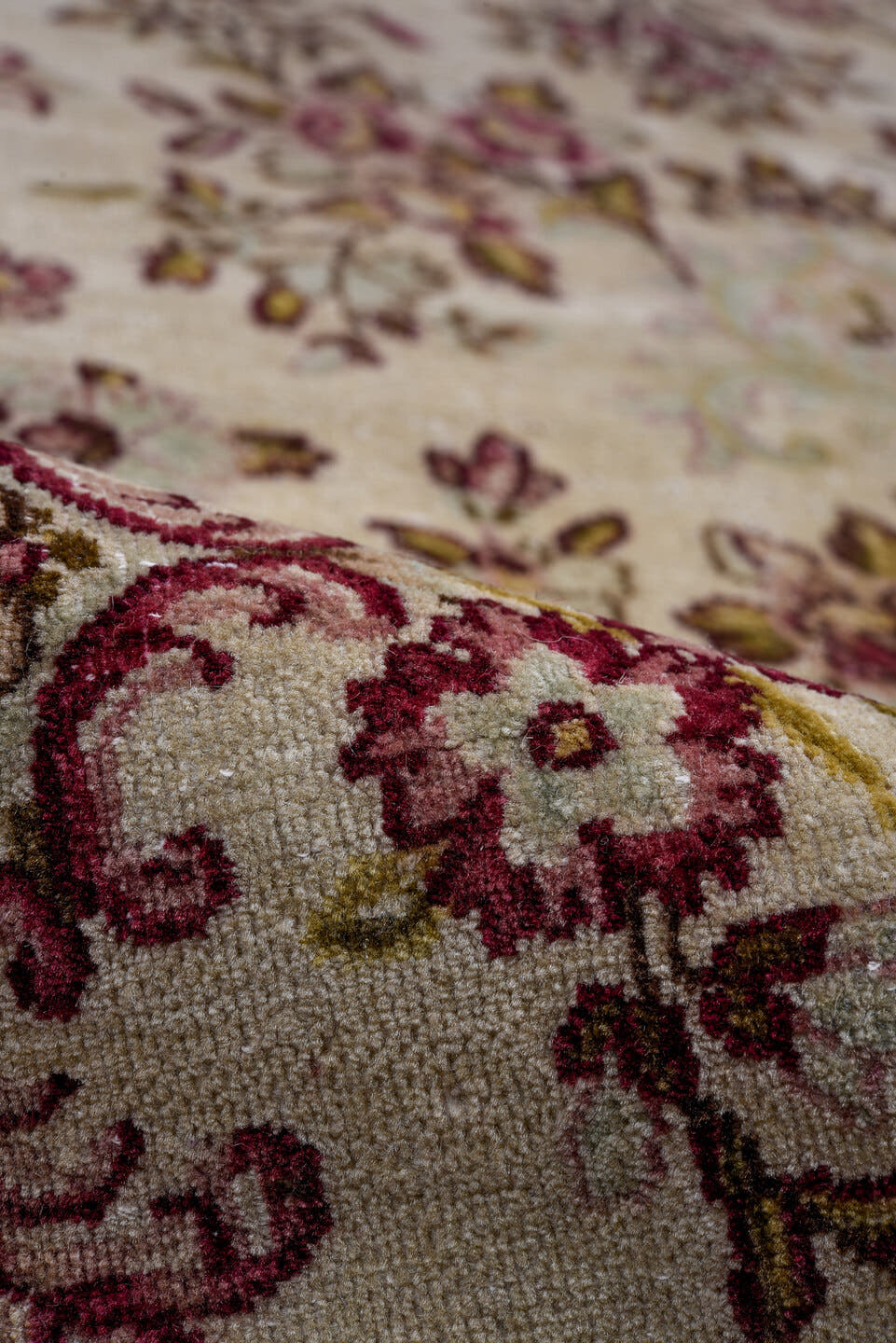 2' x 20' one-of-a-kind handmade antique Kerman runner rug. Color palette: ivory, rose, burgundy, brown, gold, taupe, pink