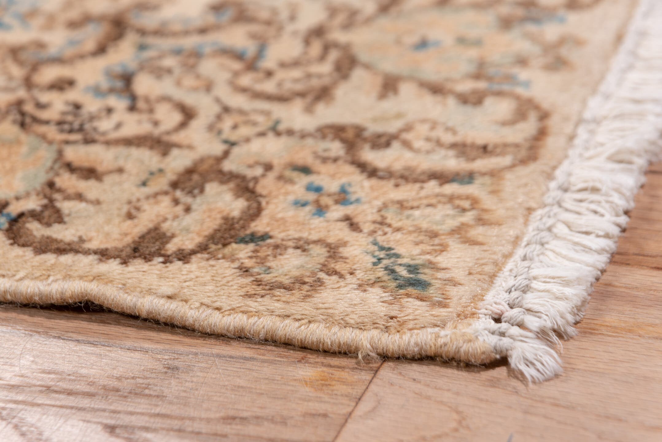 2' x 20' one-of-a-kind handmade antique Kerman runner rug. Color palette: ivory, rose, burgundy, brown, gold, taupe, pink
