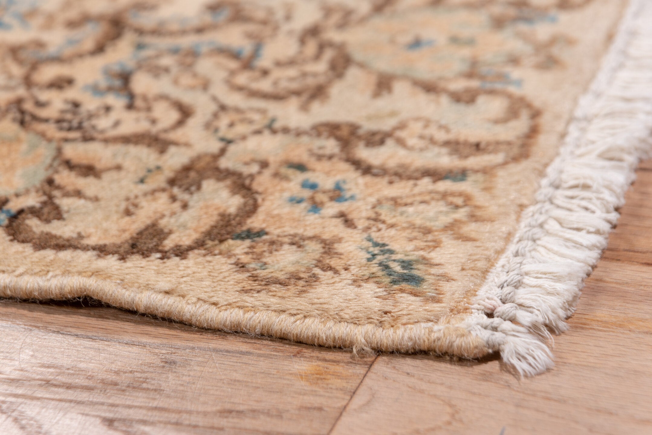2' x 20' one-of-a-kind handmade antique Kerman runner rug. Color palette: ivory, rose, burgundy, brown, gold, taupe, pink