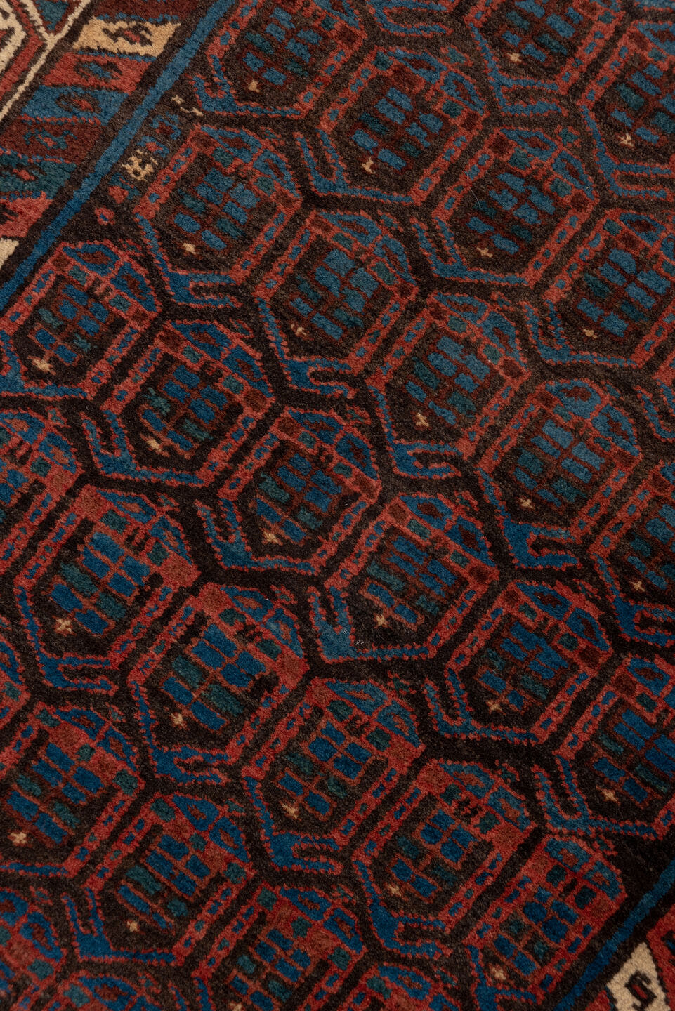 3' x 15' one-of-a-kind handmade antique Sarab runner rug. Color palette: indigo, rust, ivory, navy, camel, crimson, purple