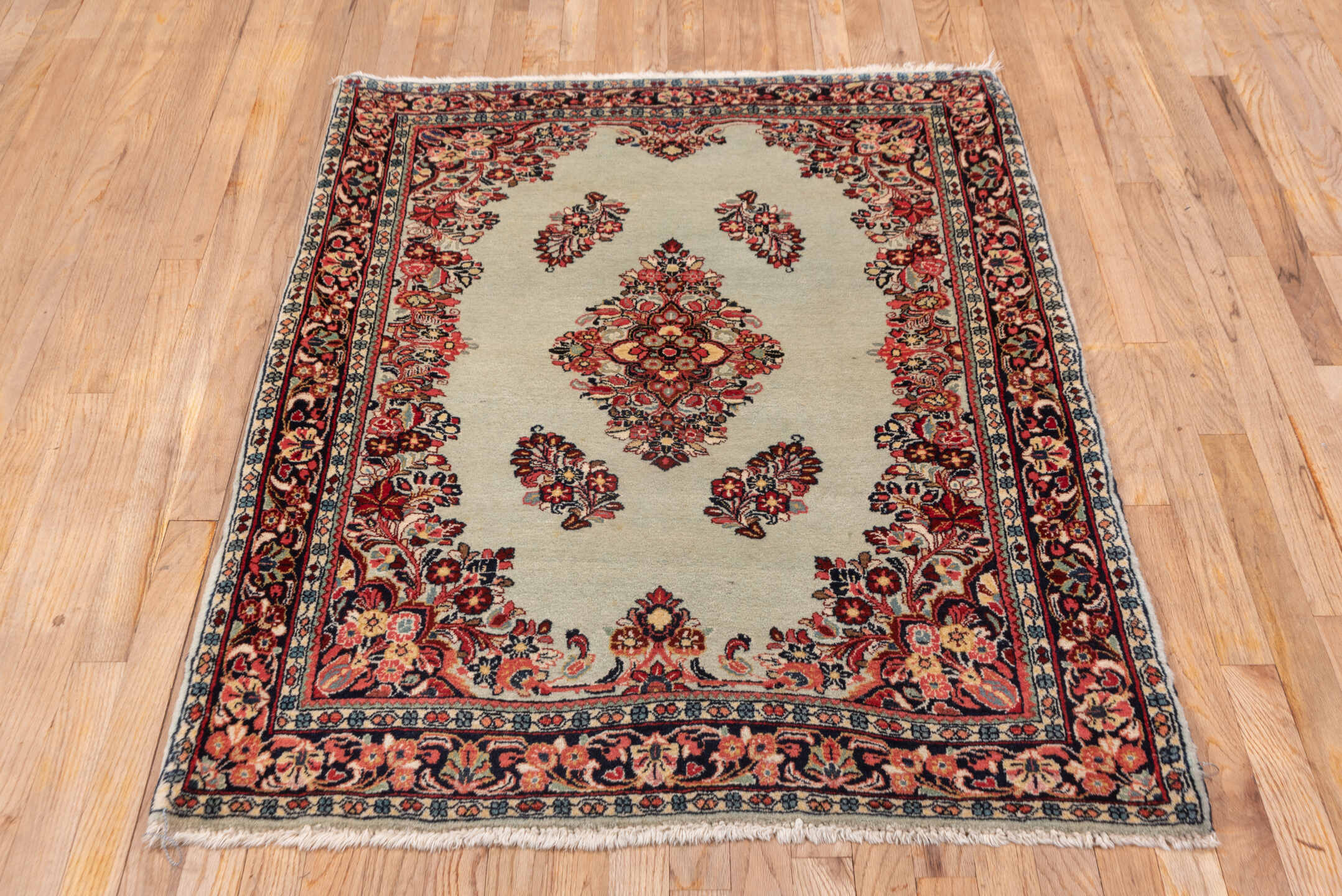 3' x 4' one-of-a-kind handmade vintage Sarouk small size rug. Color palette: black, blue, brown, dim gray, gray, off-white