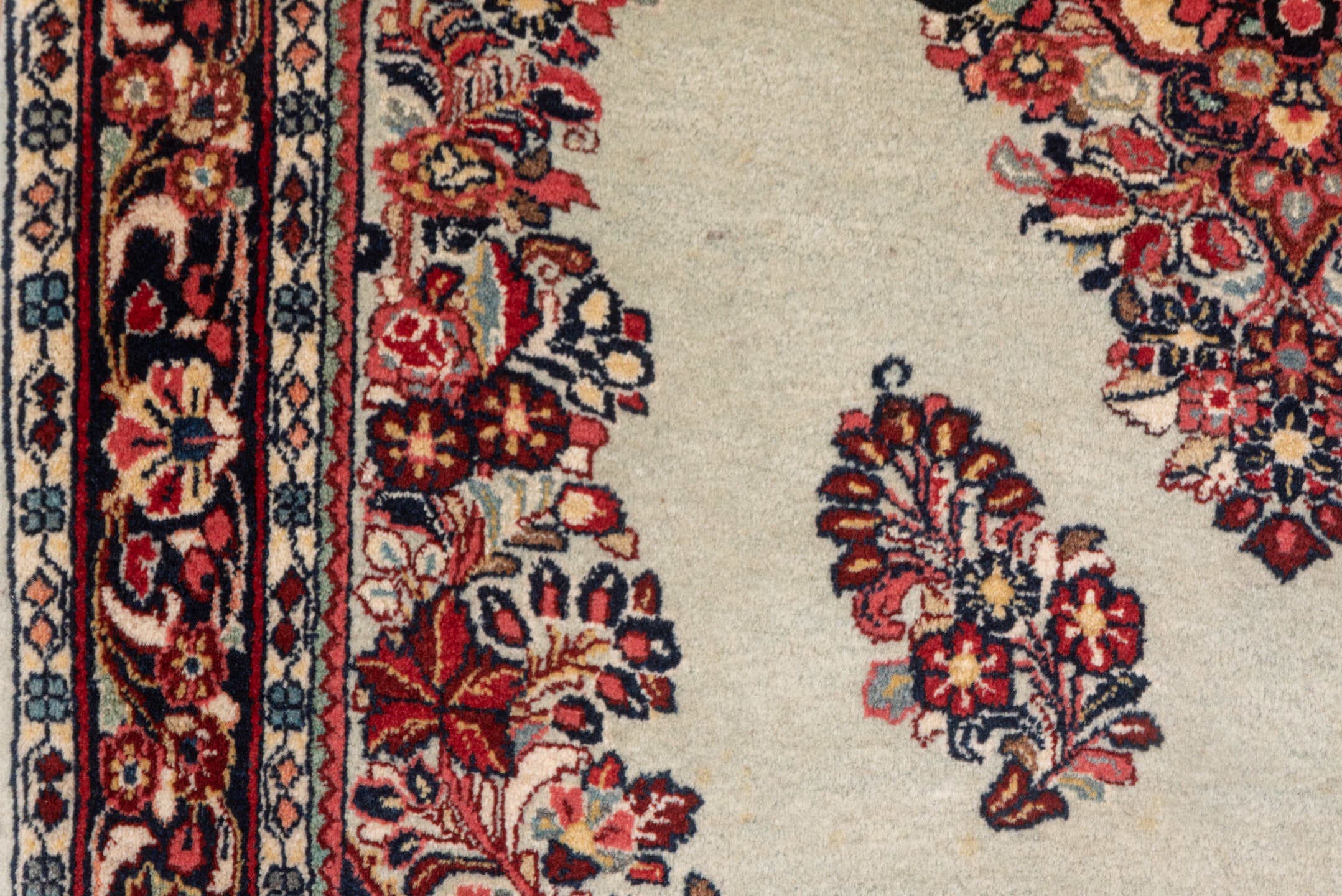 3' x 4' one-of-a-kind handmade antique Sarouk small size rug. Color palette: ivory, burgundy, navy, rose, blush, charcoal