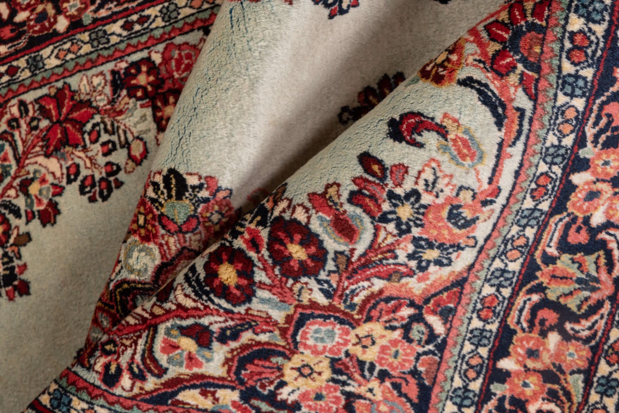 3' x 4' one-of-a-kind handmade antique Sarouk small size rug. Color palette: ivory, burgundy, navy, rose, blush, charcoal