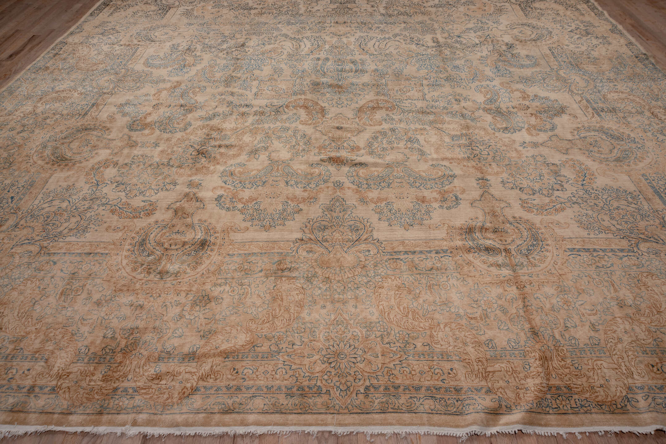 13' x 24' one-of-a-kind handmade vintage Kerman oversize rug. Color palette: brown, gray, light gray, off-white, orange
