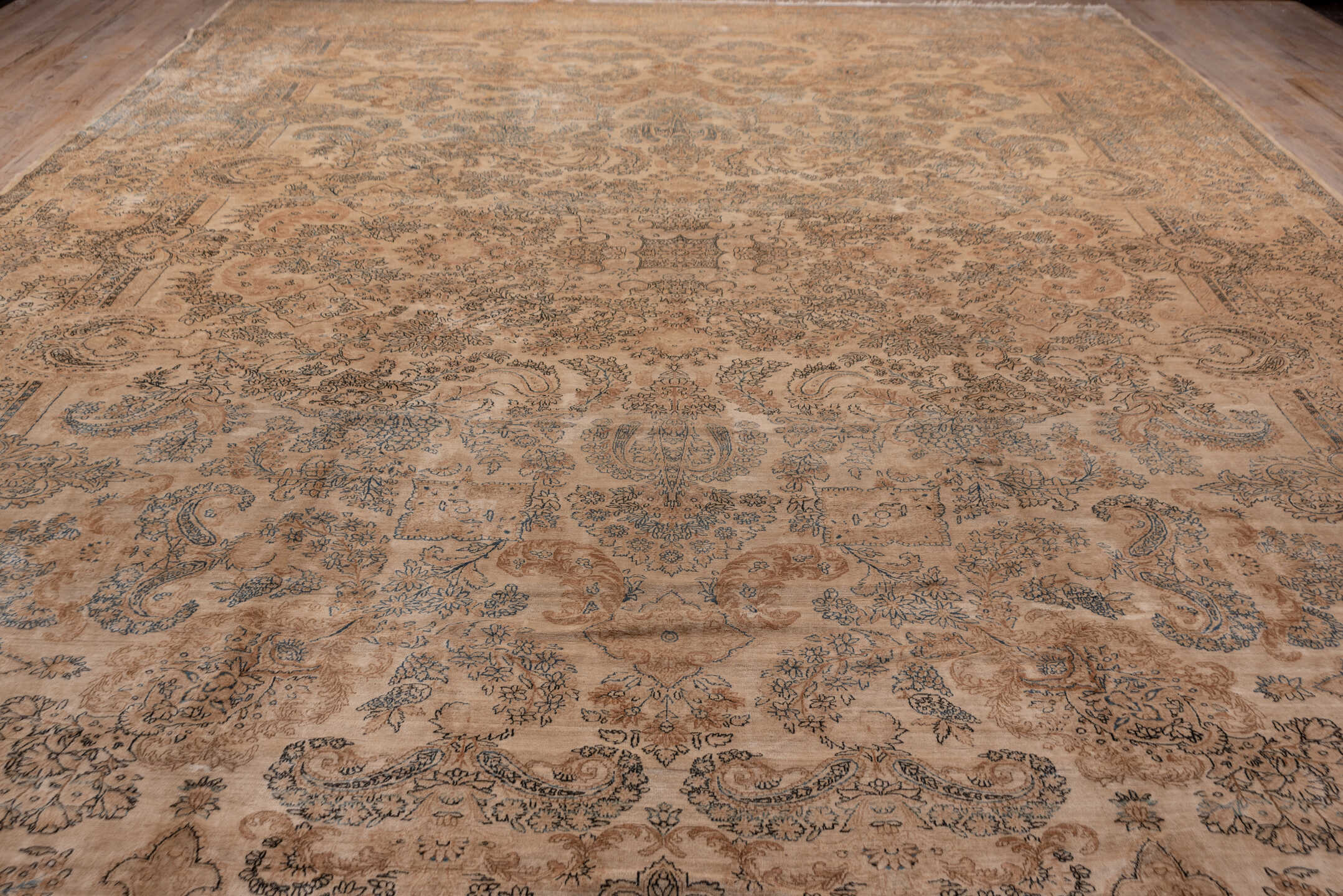 13' x 24' one-of-a-kind handmade vintage Kerman oversize rug. Color palette: brown, gray, light gray, off-white, orange