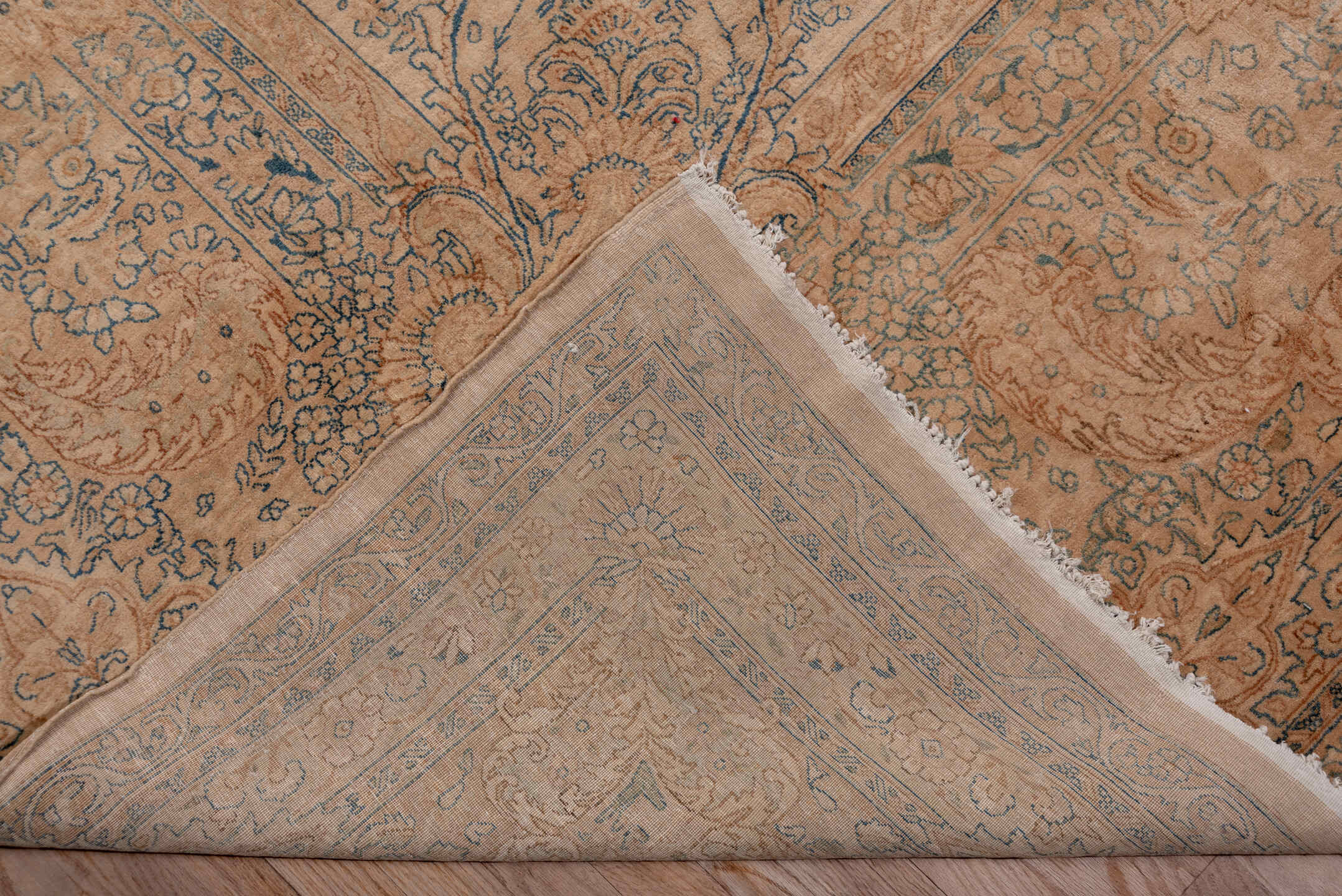 13' x 24' one-of-a-kind handmade vintage Kerman oversize rug. Color palette: brown, gray, light gray, off-white, orange