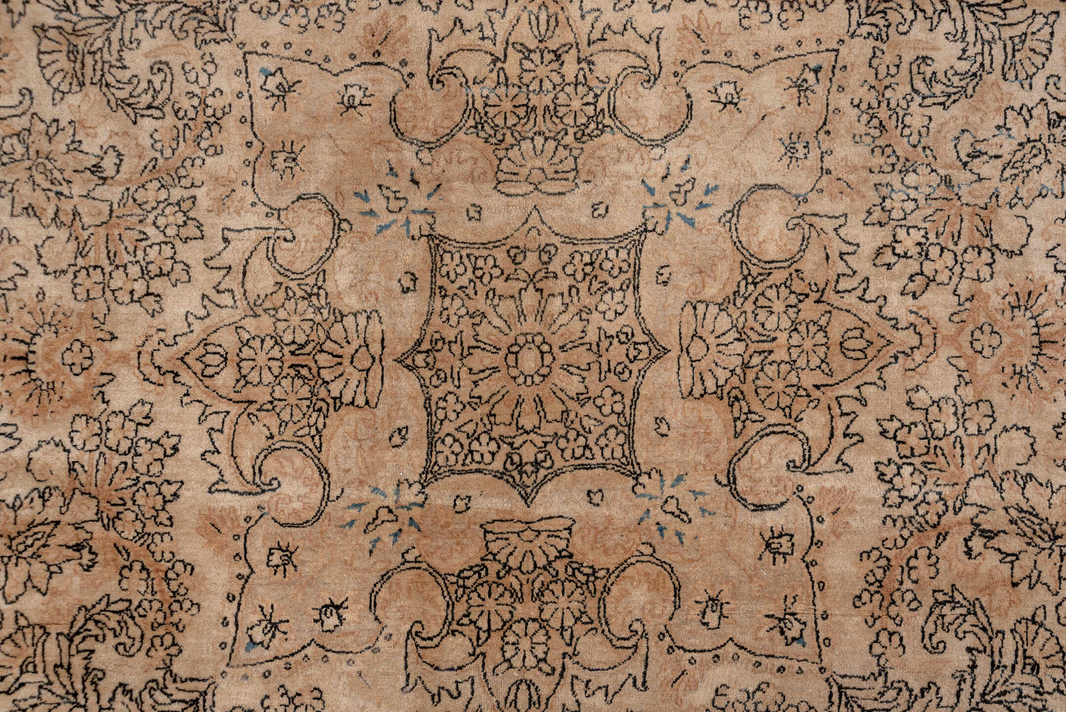 13' x 24' one-of-a-kind handmade vintage Kerman oversize rug. Color palette: brown, gray, light gray, off-white, orange