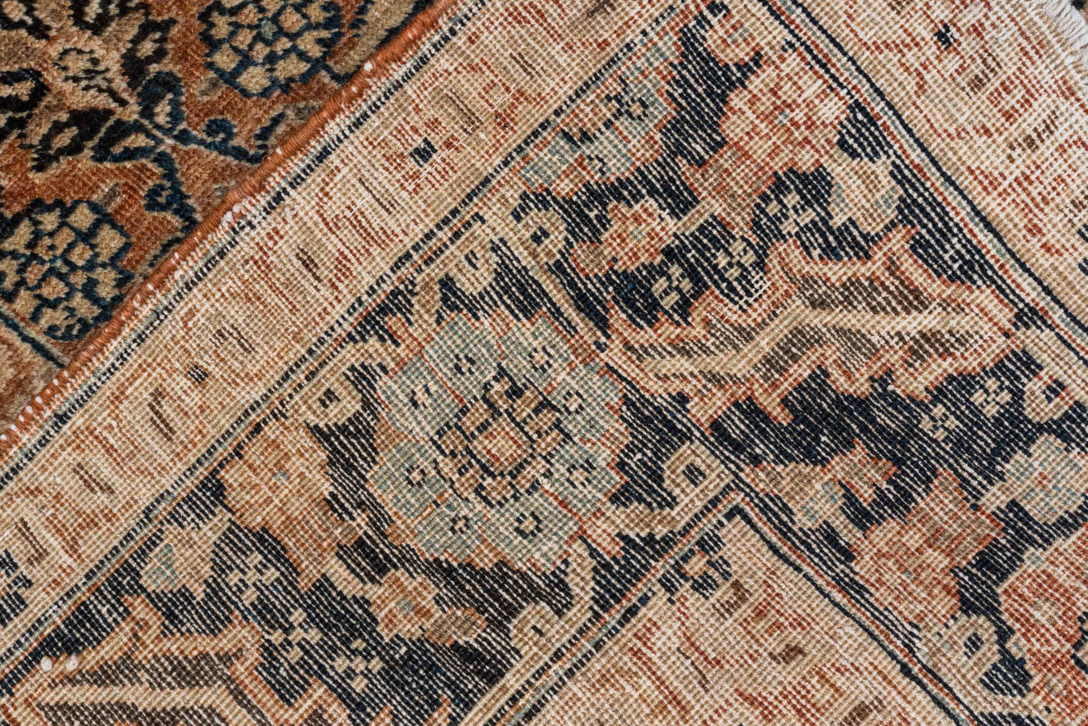 4' x 6' one-of-a-kind handmade antique Tabriz small size rug. Color palette: camel, ivory, navy, taupe, slate, rose, brown