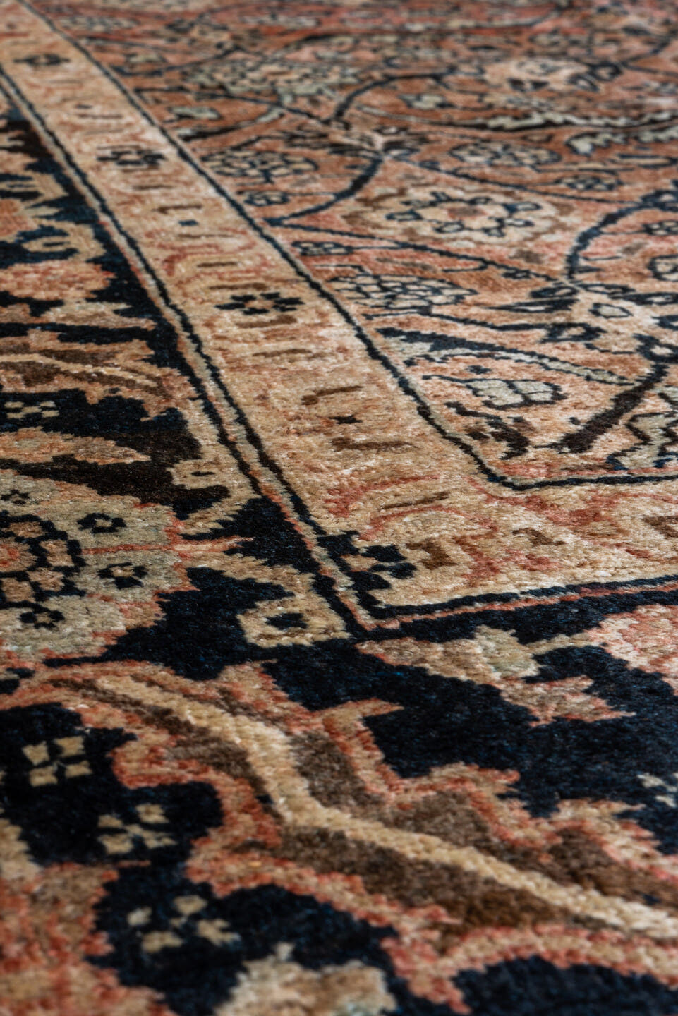 4' x 6' one-of-a-kind handmade antique Tabriz small size rug. Color palette: camel, ivory, navy, taupe, slate, rose, brown