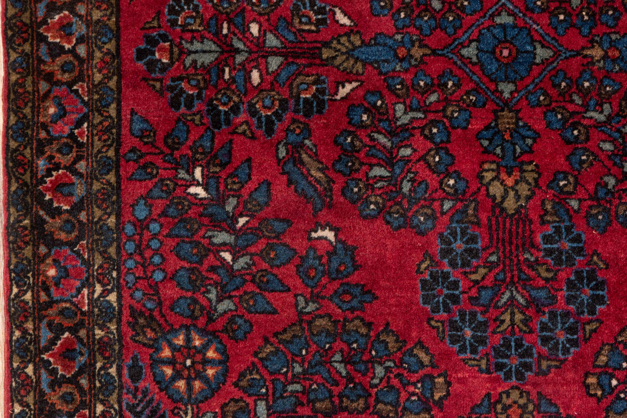 3' x 4' one-of-a-kind handmade vintage Sarouk small size rug. Color palette: crimson, navy, ivory, rose, camel, charcoal
