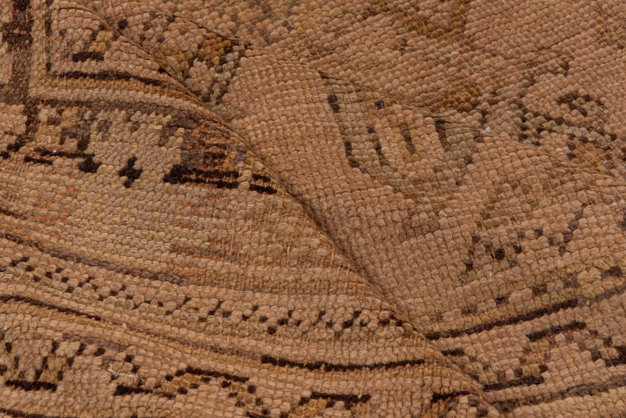 7' x 10' one-of-a-kind handmade antique Oushak large size rug. Color palette: taupe, camel, beige, brown, sand, gray