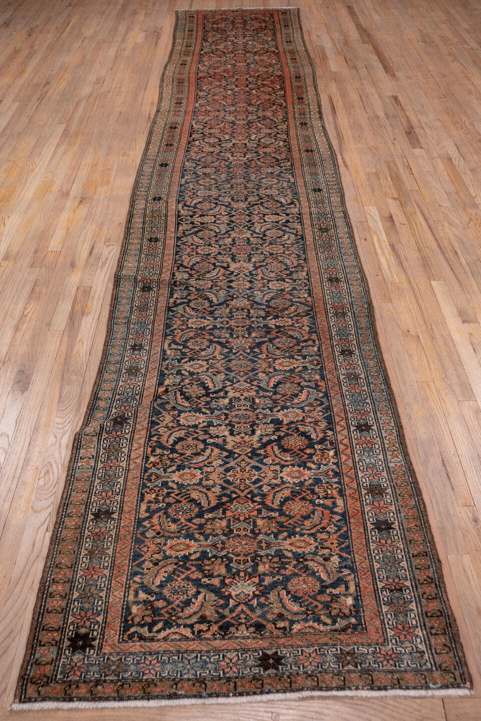 3' x 17' one-of-a-kind handmade antique Malayer runner rug. Color palette: navy, rust, ivory, slate, taupe, camel, blue