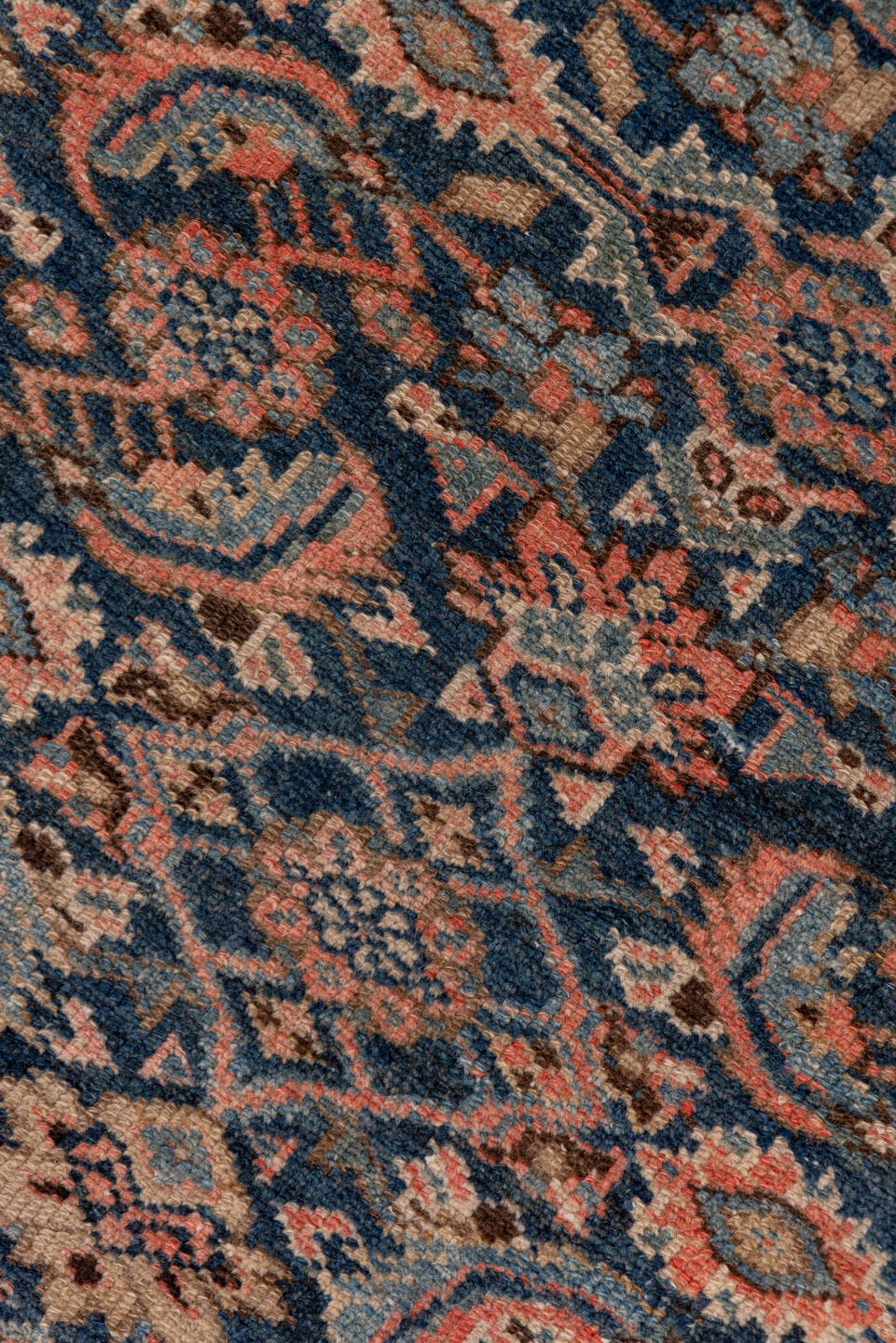 3' x 17' one-of-a-kind handmade antique Malayer runner rug. Color palette: navy, rust, ivory, slate, taupe, camel, blue