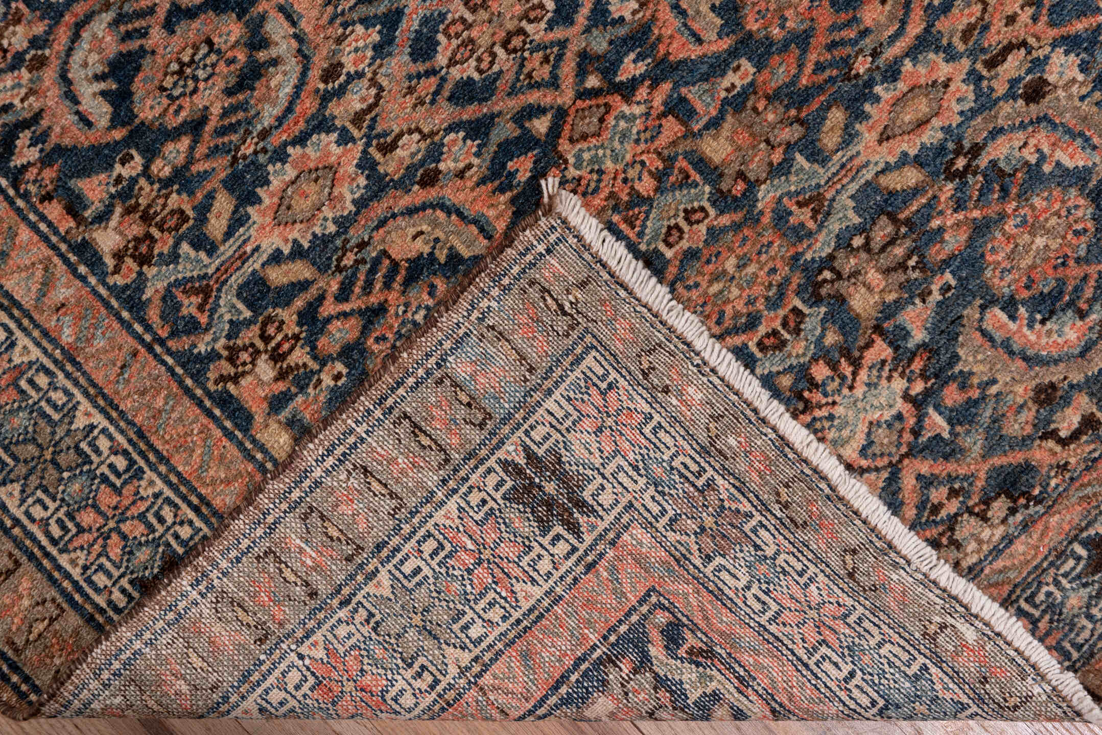 3' x 17' one-of-a-kind handmade antique Malayer runner rug. Color palette: navy, rust, ivory, slate, taupe, camel, blue