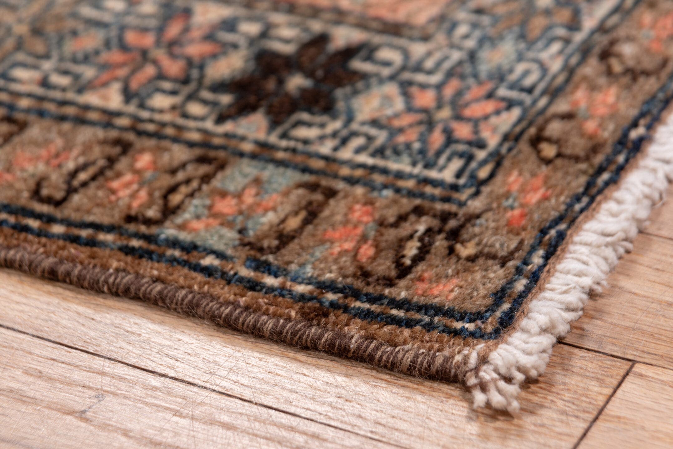 3' x 17' one-of-a-kind handmade antique Malayer runner rug. Color palette: navy, rust, ivory, slate, taupe, camel, blue