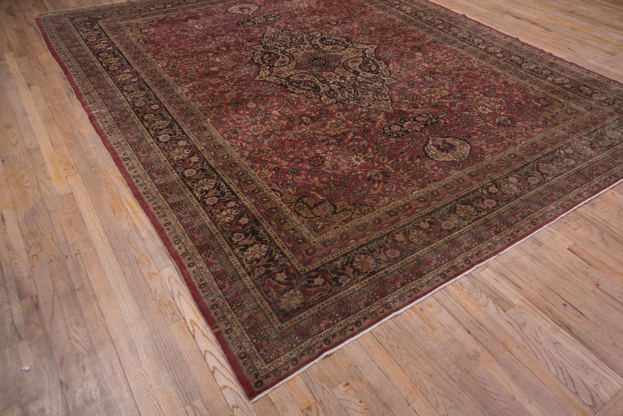 9' x 12' one-of-a-kind handmade antique Sivas large size rug. Color palette: rose, ivory, navy, burgundy, taupe, gold, camel